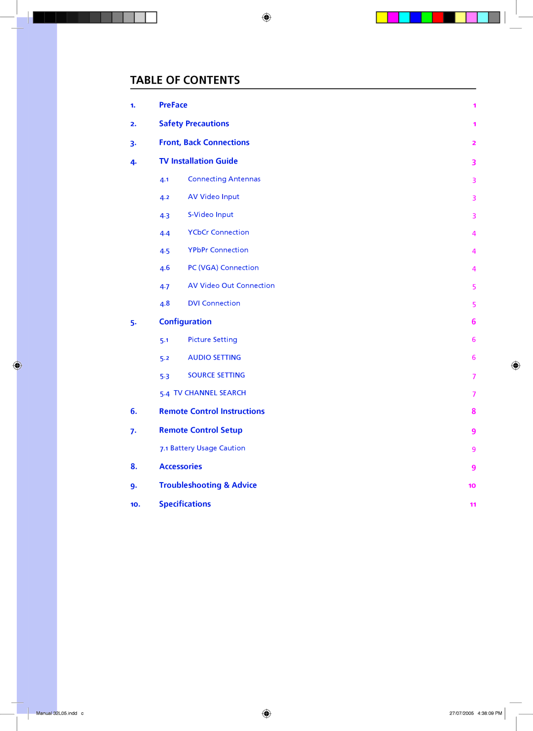 Wintal 32L05 manual Table of Contents 