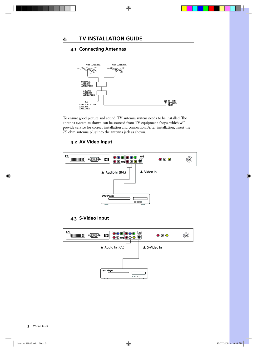 Wintal 32L05 manual TV Installation Guide, Connecting Antennas, AV Video Input 