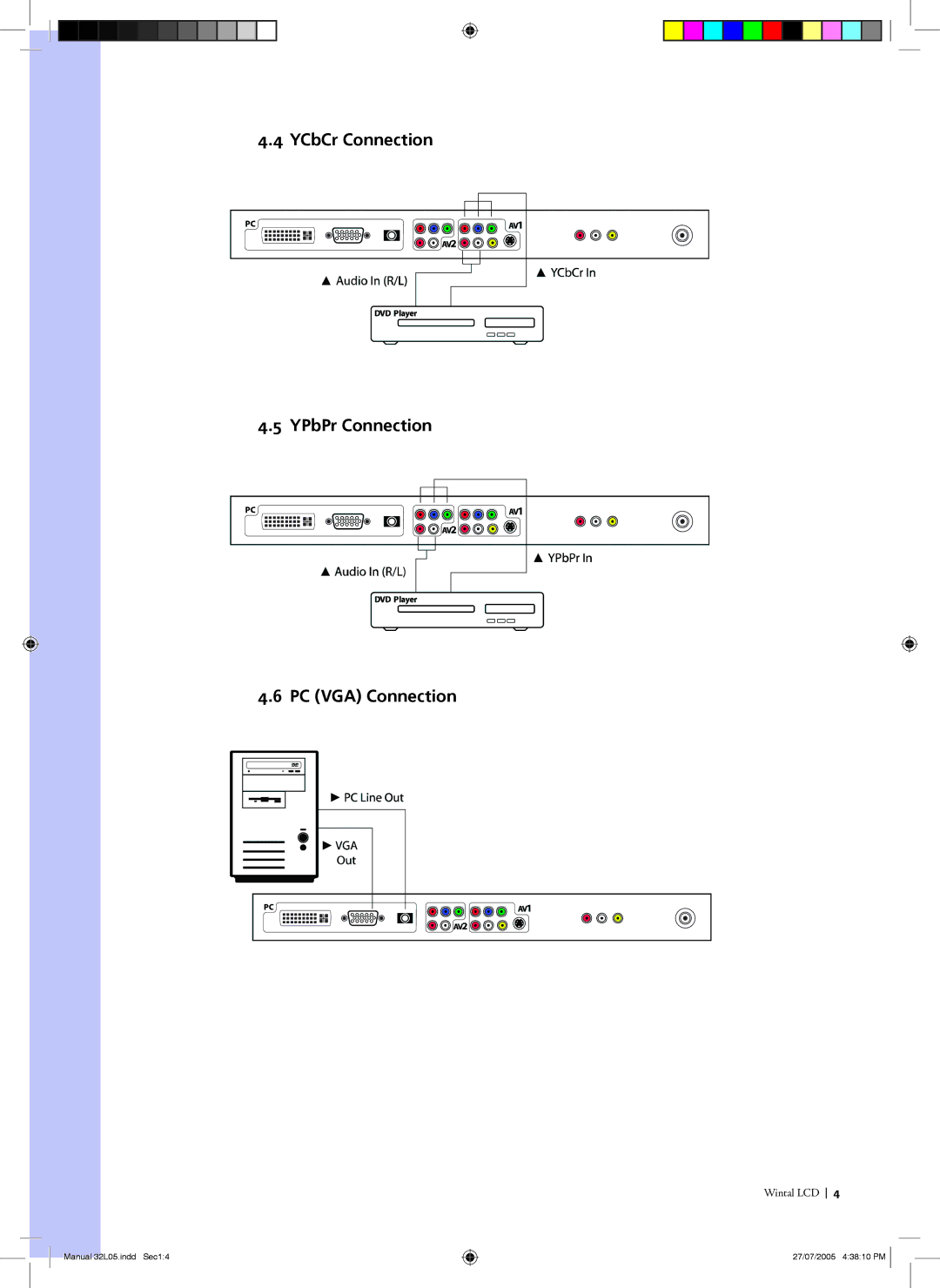Wintal 32L05 manual YCbCr Connection YPbPr Connection PC VGA Connection 