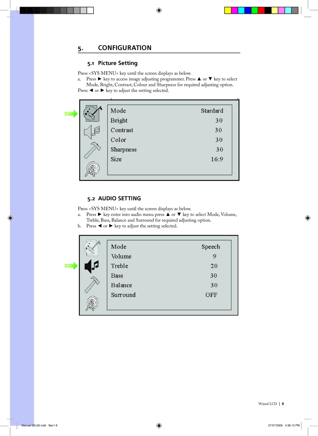 Wintal 32L05 manual Configuration, Picture Setting 