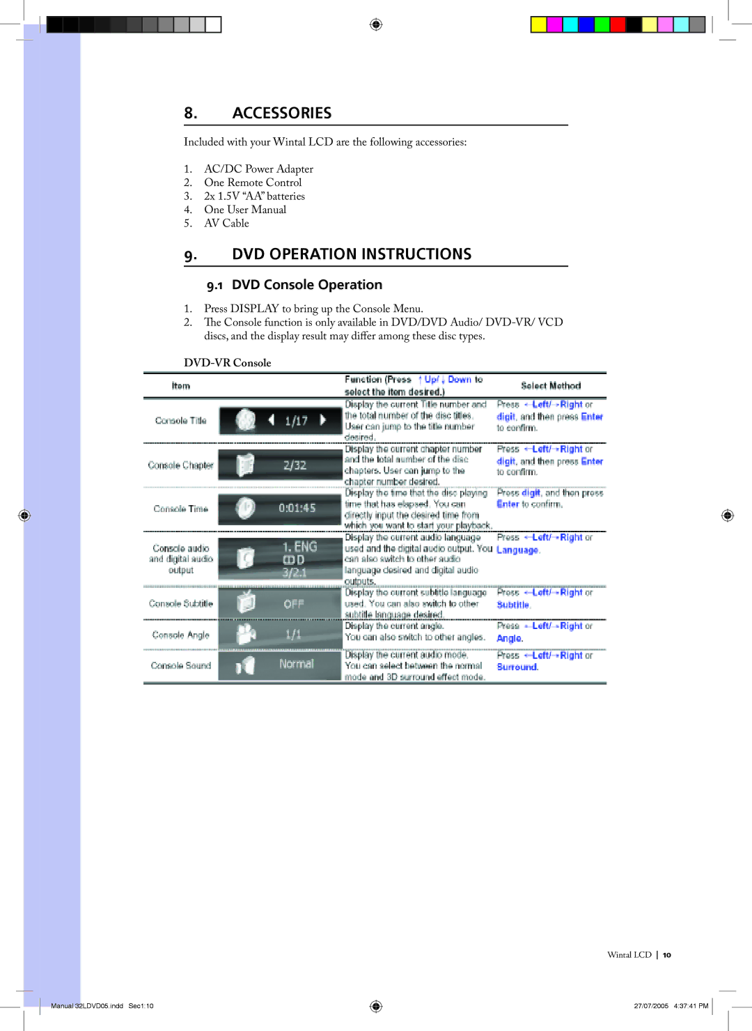 Wintal 32LDVD05 manual Accessories, DVD Operation Instructions, DVD Console Operation, DVD-VR Console 