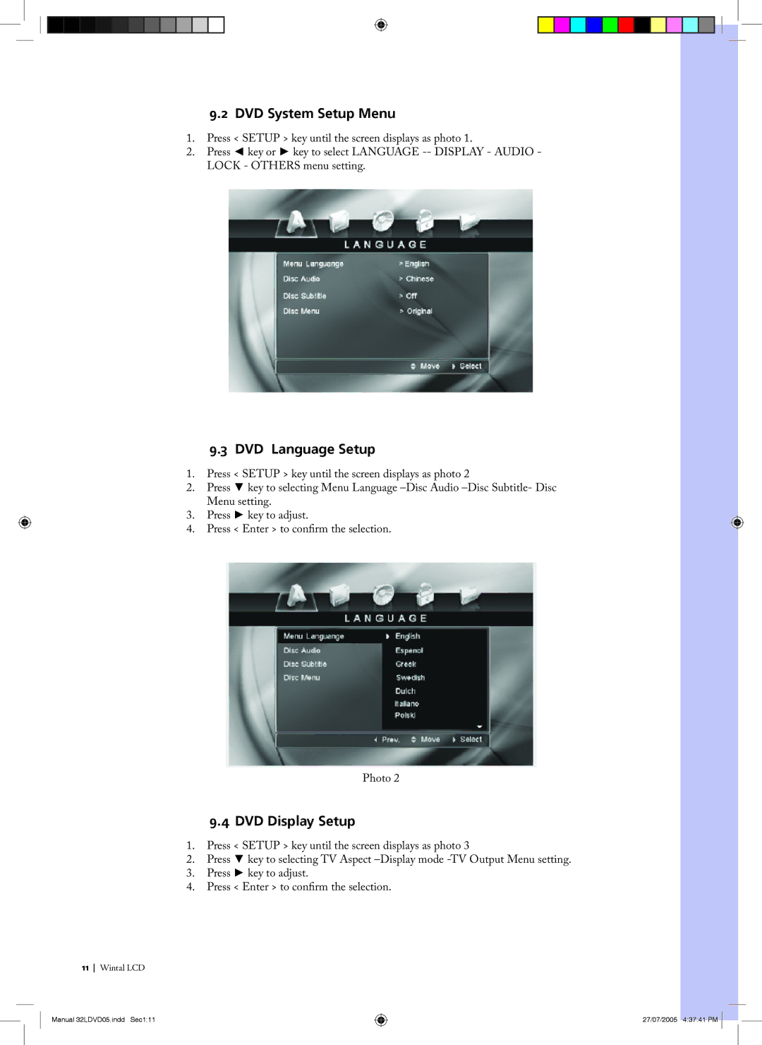 Wintal 32LDVD05 manual DVD System Setup Menu, DVD Language Setup, DVD Display Setup 