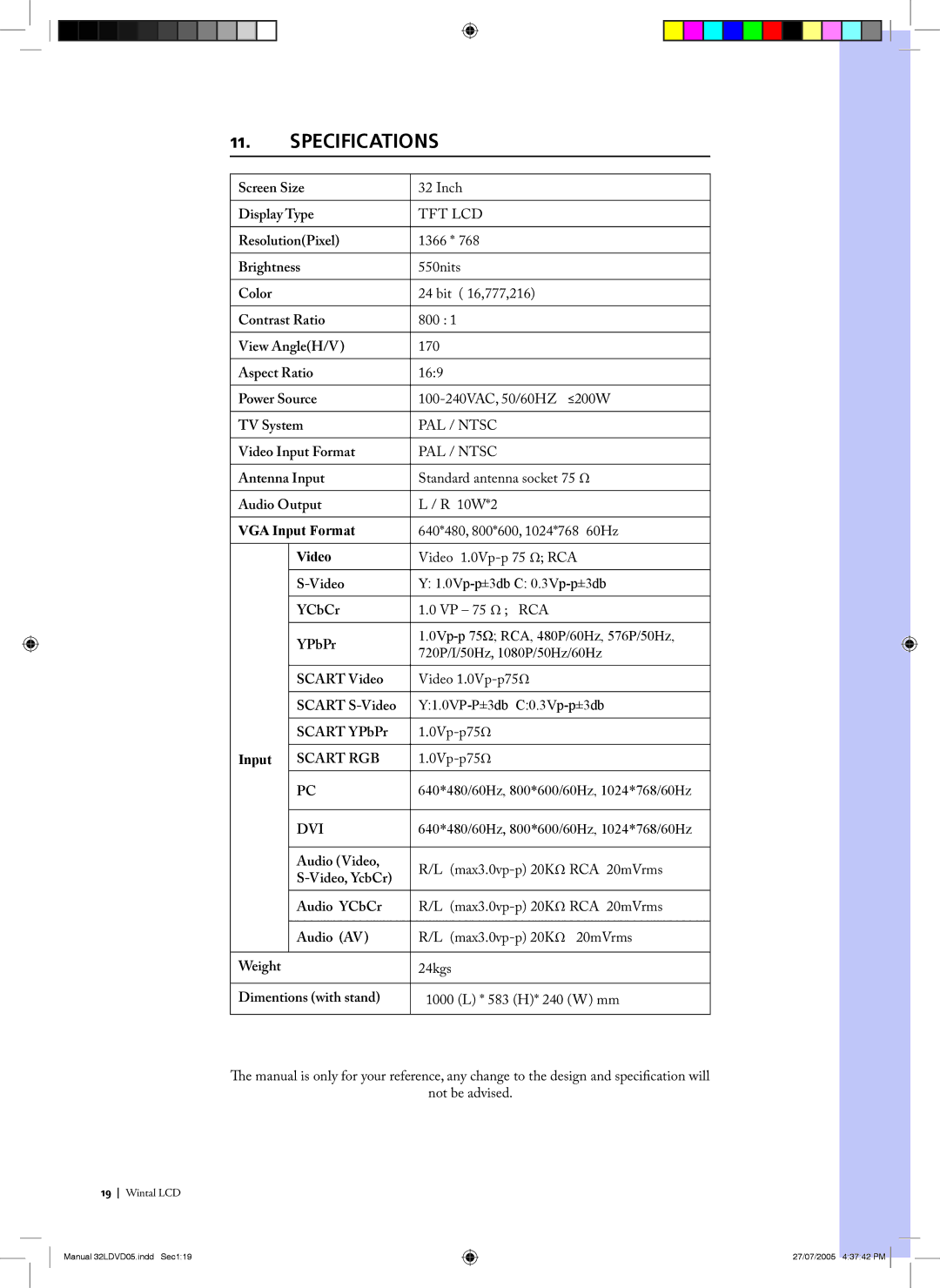 Wintal 32LDVD05 manual Specifications 