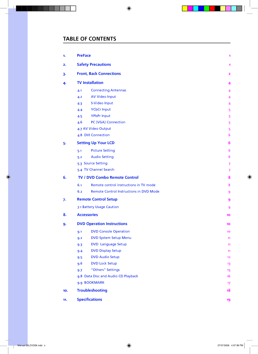 Wintal 32LDVD05 manual Table of Contents 