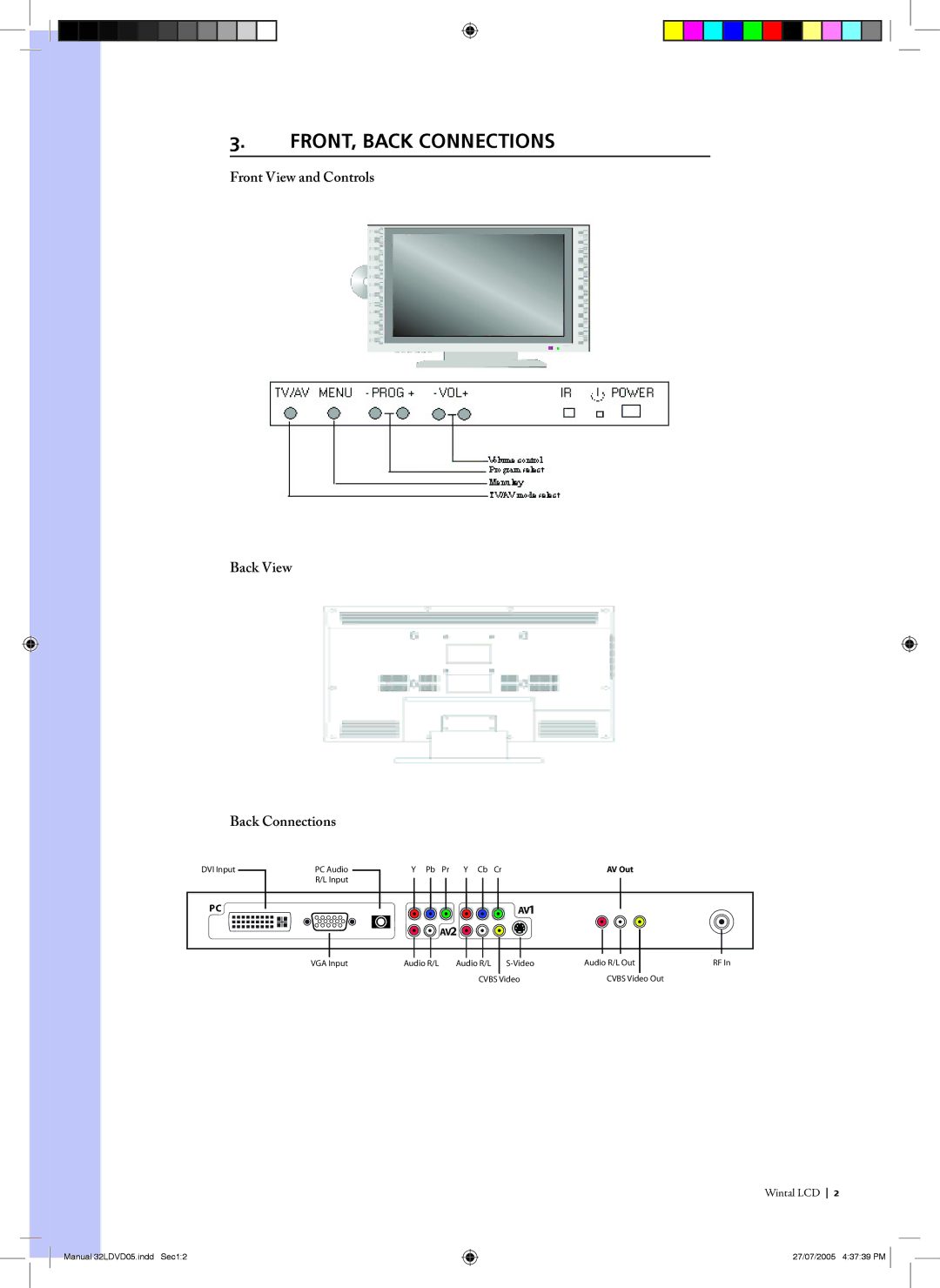 Wintal 32LDVD05 manual FRONT, Back Connections, Front View and Controls Back View Back Connections 