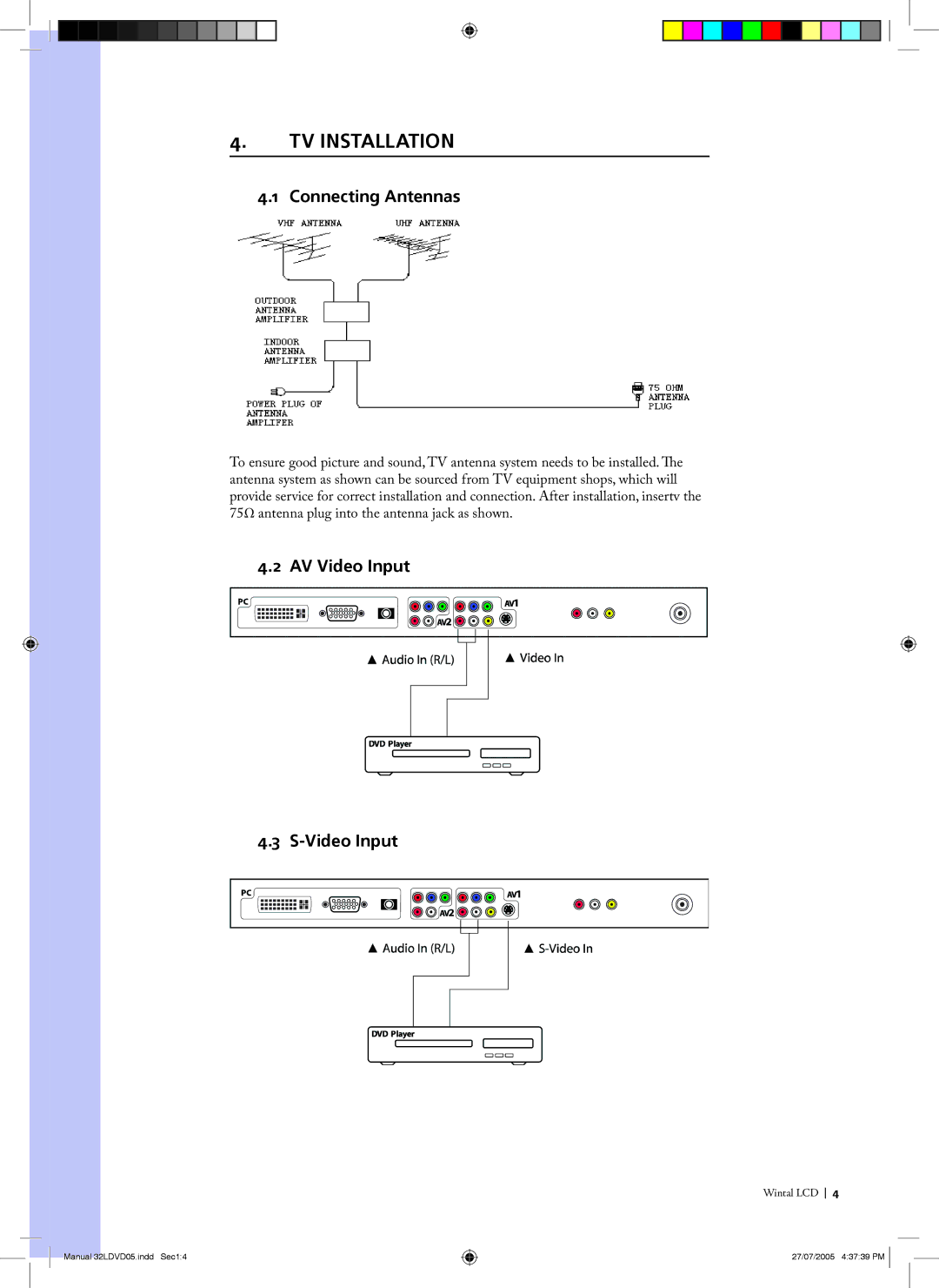 Wintal 32LDVD05 manual TV Installation, Connecting Antennas, AV Video Input 