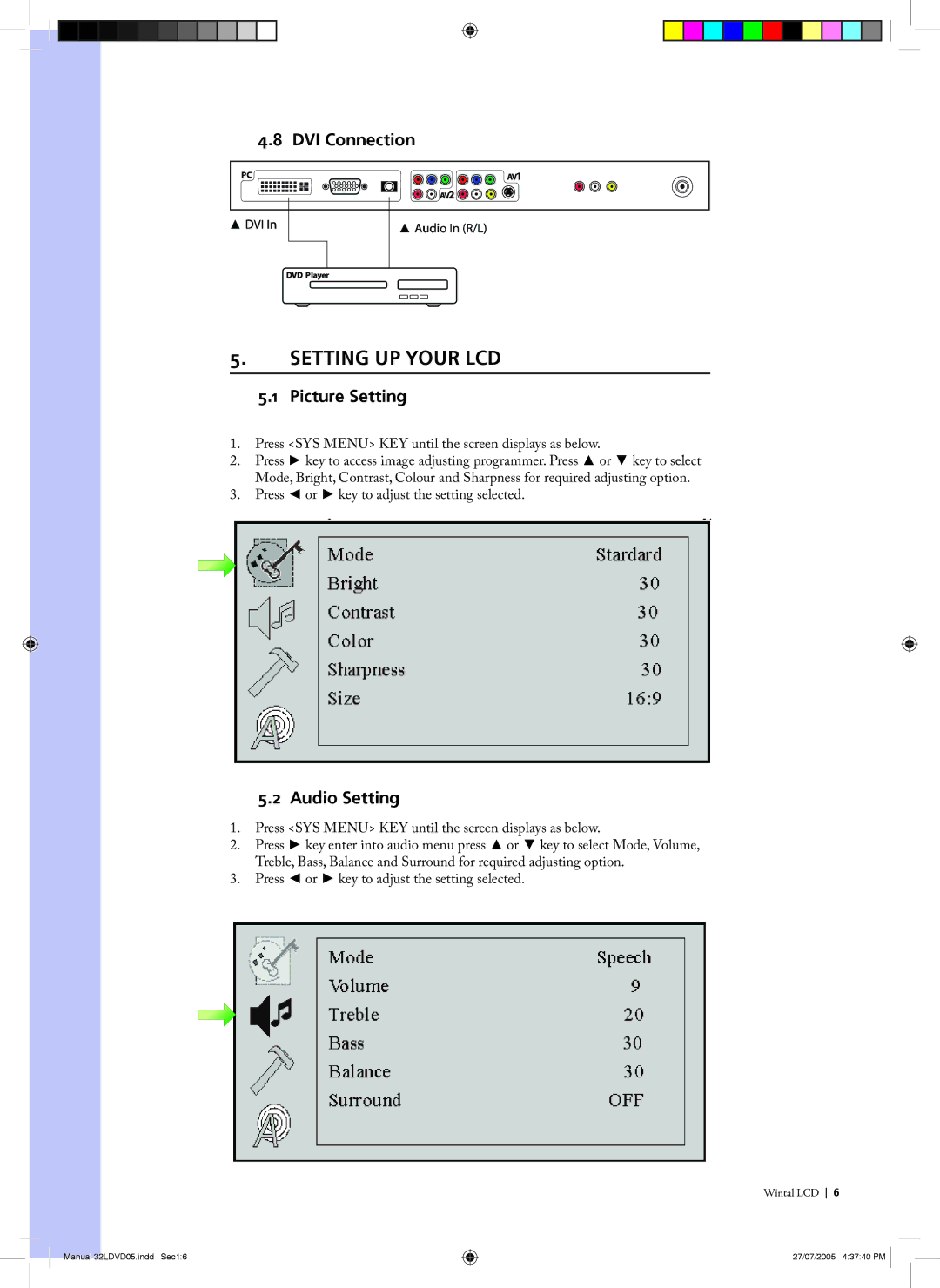 Wintal 32LDVD05 manual Setting UP Your LCD, DVI Connection, Picture Setting, Audio Setting 