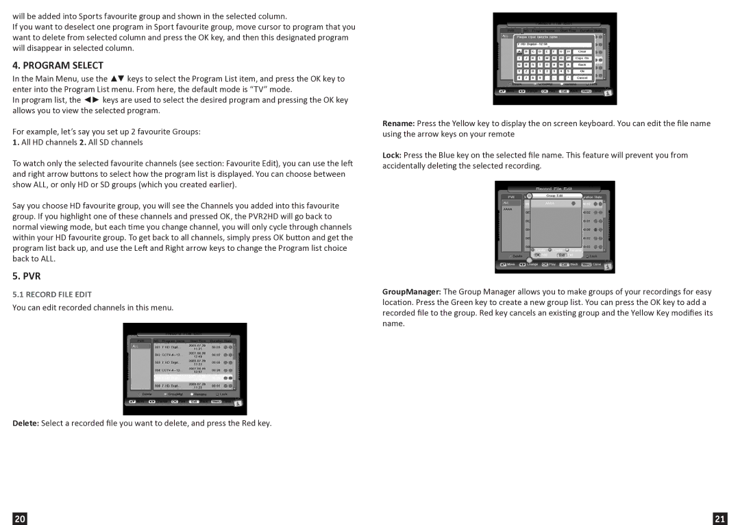 Wintal 1080I, 720P, PVR2HD manual Program Select, Pvr, Record File Edit 