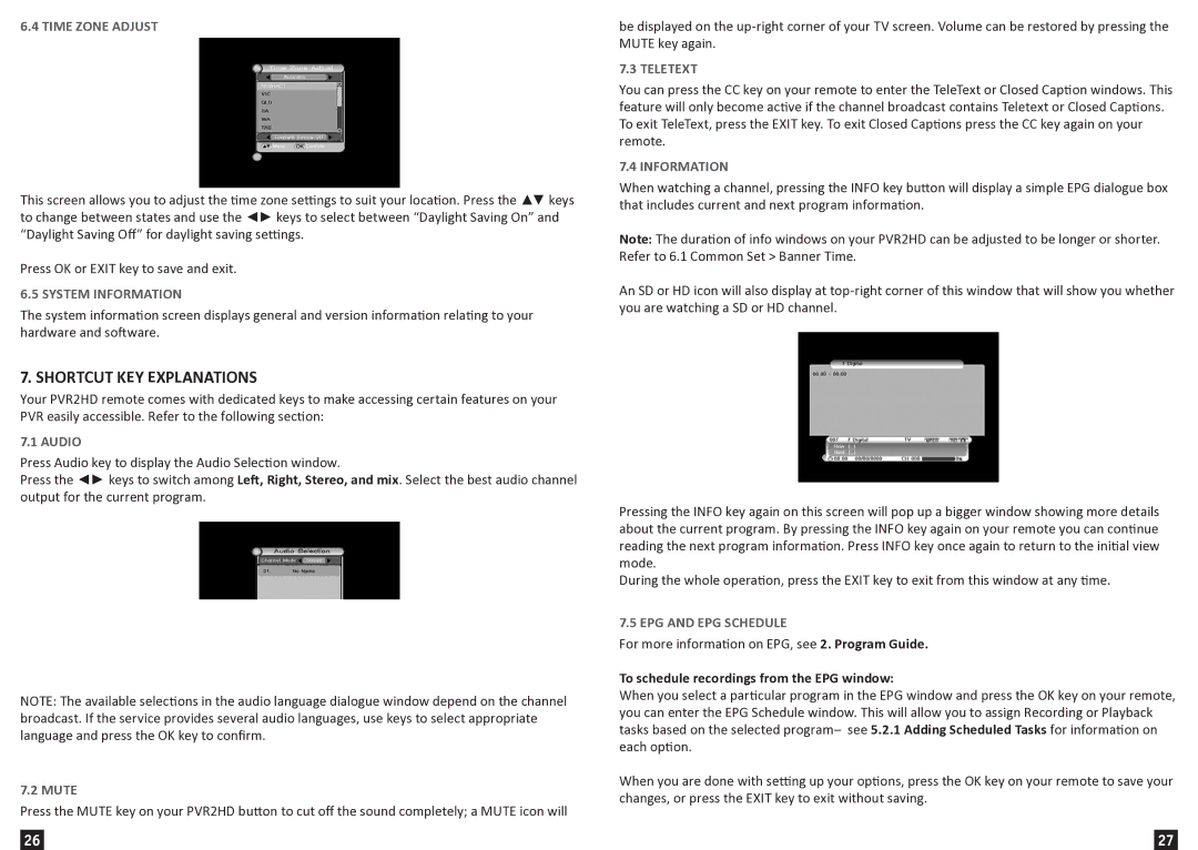 Wintal 1080I, 720P, PVR2HD manual Shortcut Key Explanations 