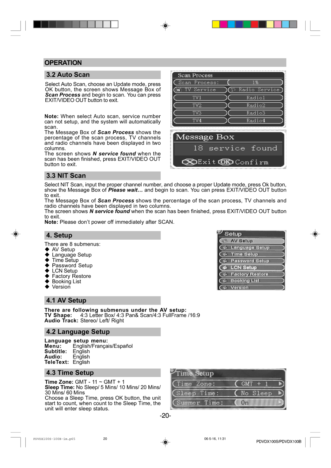 Wintal PDVDX100B, DVD/DVB-T Combo Player, PDVDX100S manual Auto Scan, NIT Scan, AV Setup, Language Setup, Time Setup 