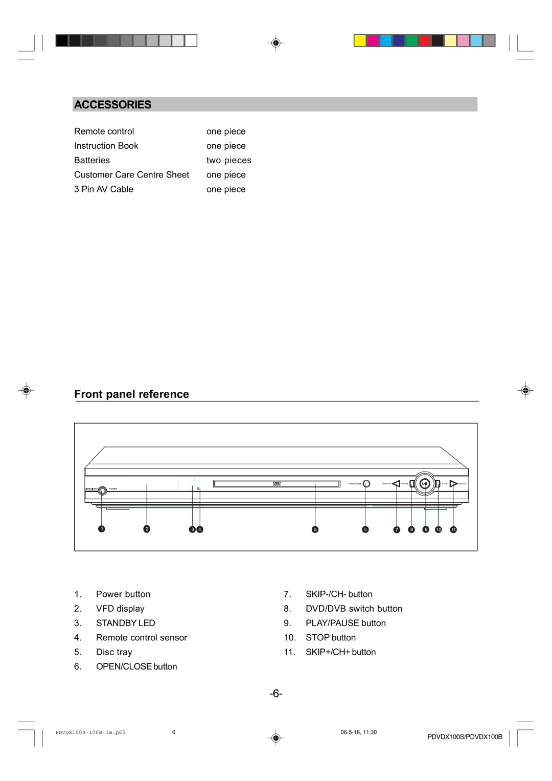 Wintal DVD/DVB-T Combo Player, PDVDX100S, PDVDX100B manual Accessories, Front panel reference 