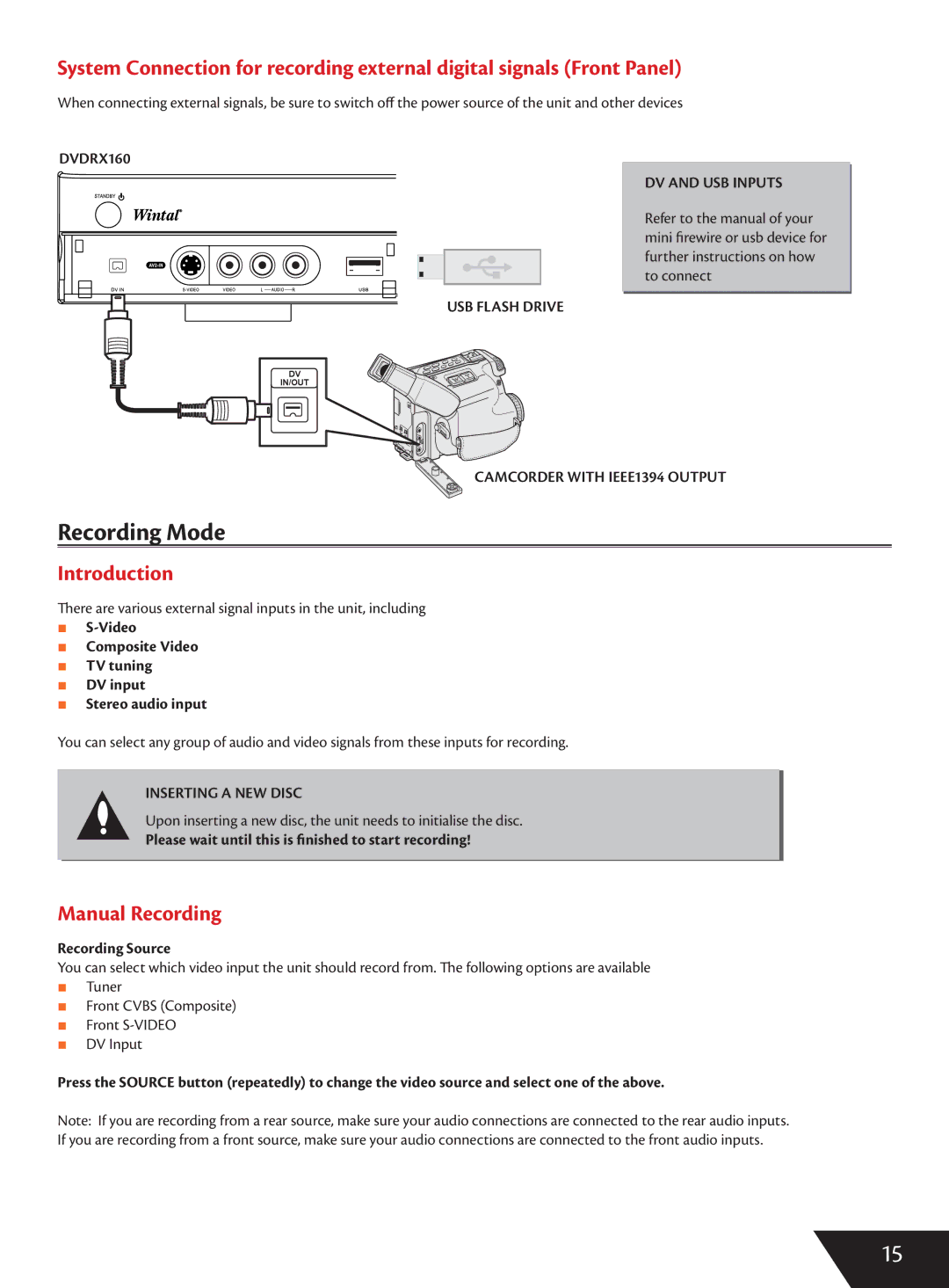 Wintal DVDRX160 manual Recording Mode, Introduction, Manual Recording 