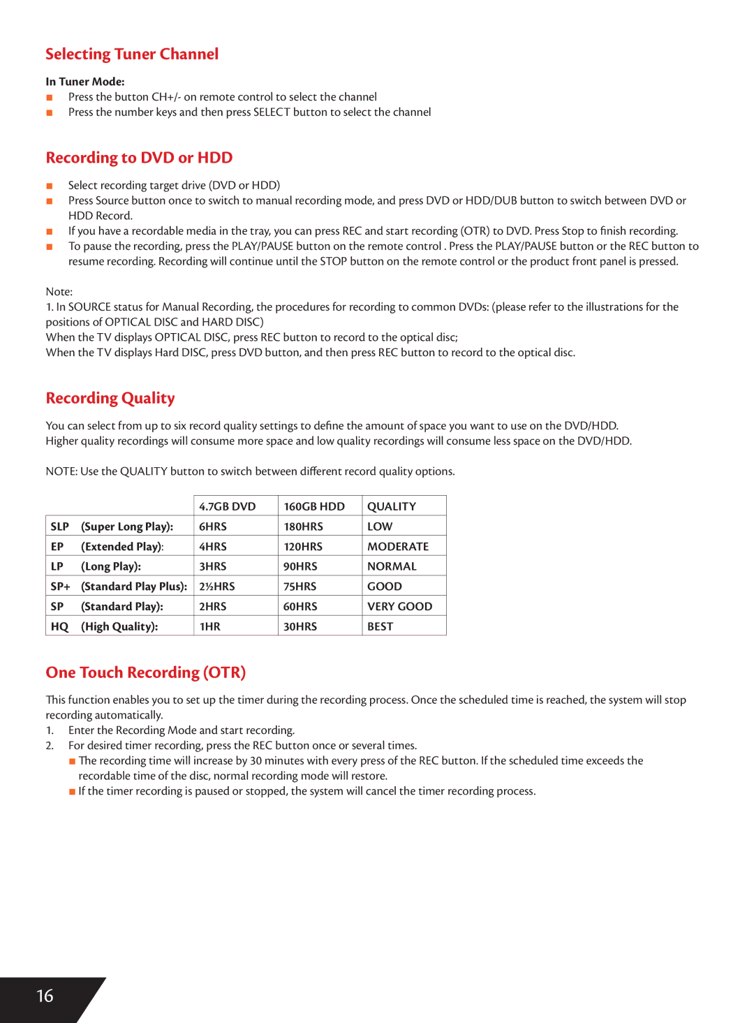 Wintal DVDRX160 manual Selecting Tuner Channel, Recording to DVD or HDD, Recording Quality, One Touch Recording OTR 