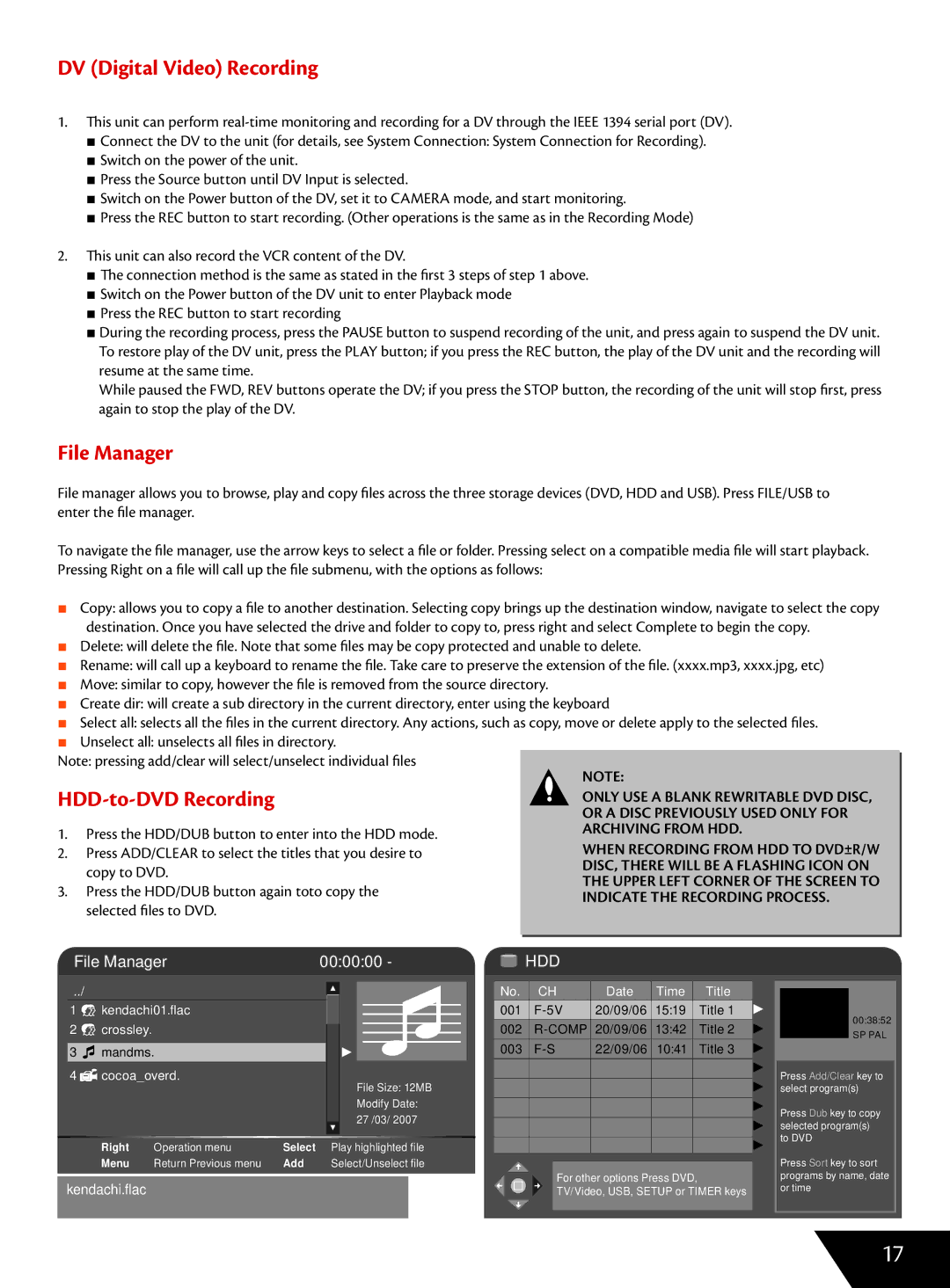 Wintal DVDRX160 manual DV Digital Video Recording, File Manager, HDD-to-DVD Recording 