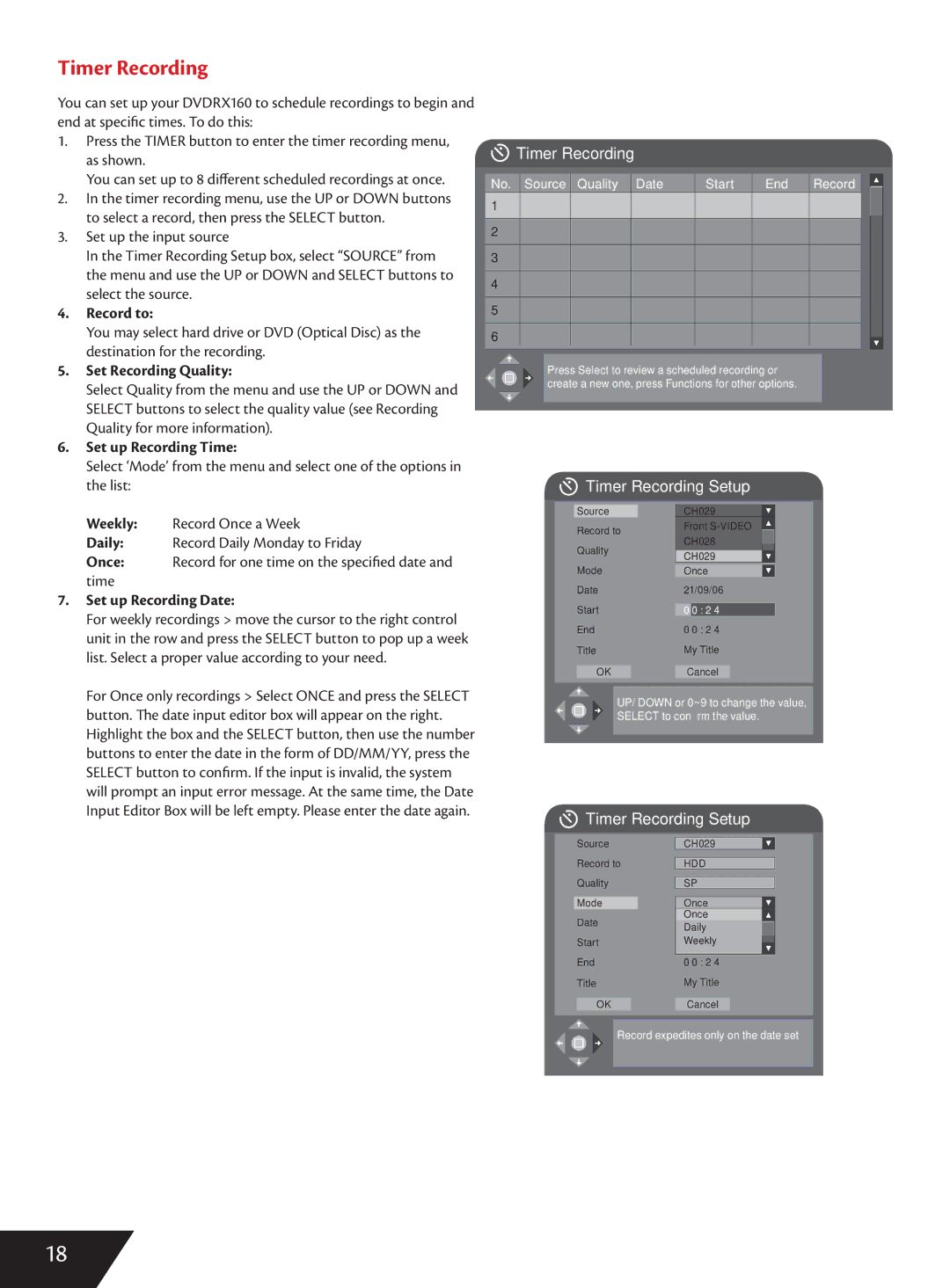 Wintal DVDRX160 manual Timer Recording, Record to, Set Recording Quality, Set up Recording Time, Set up Recording Date 