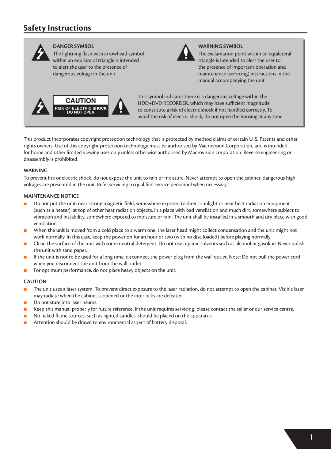 Wintal DVDRX160 manual Safety Instructions, Maintenance Notice 