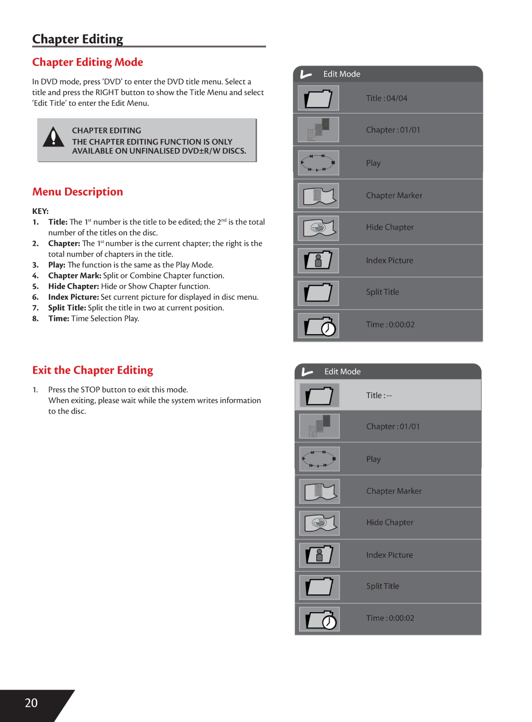 Wintal DVDRX160 manual Chapter Editing Mode, Menu Description, Exit the Chapter Editing, Key 