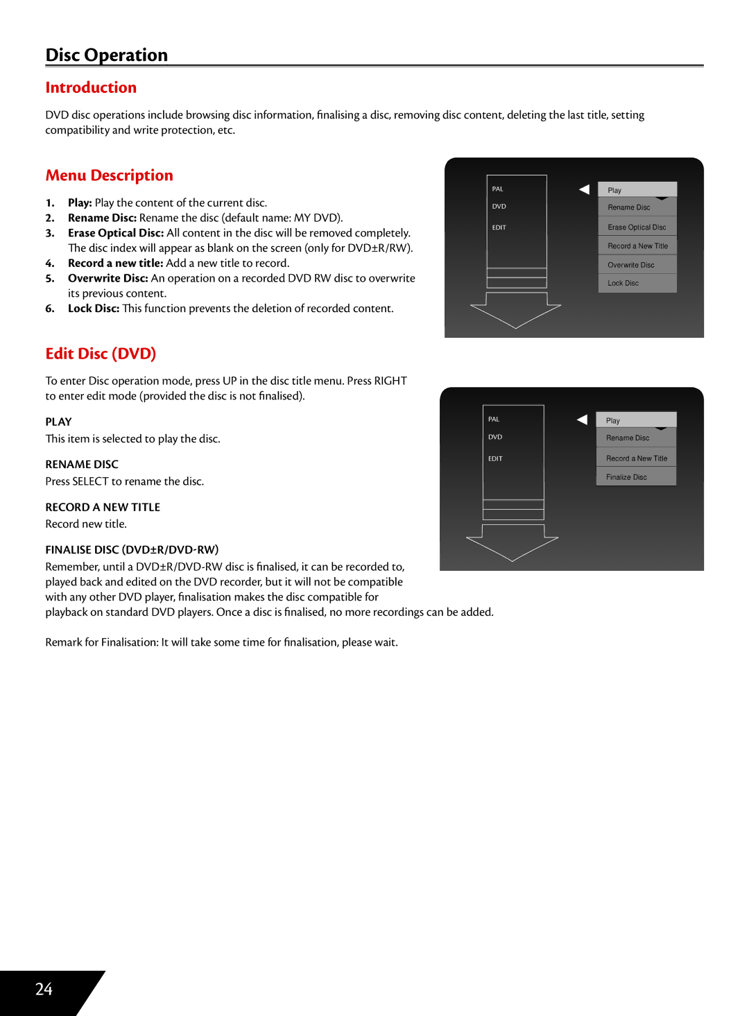 Wintal DVDRX160 manual Disc Operation, Edit Disc DVD 