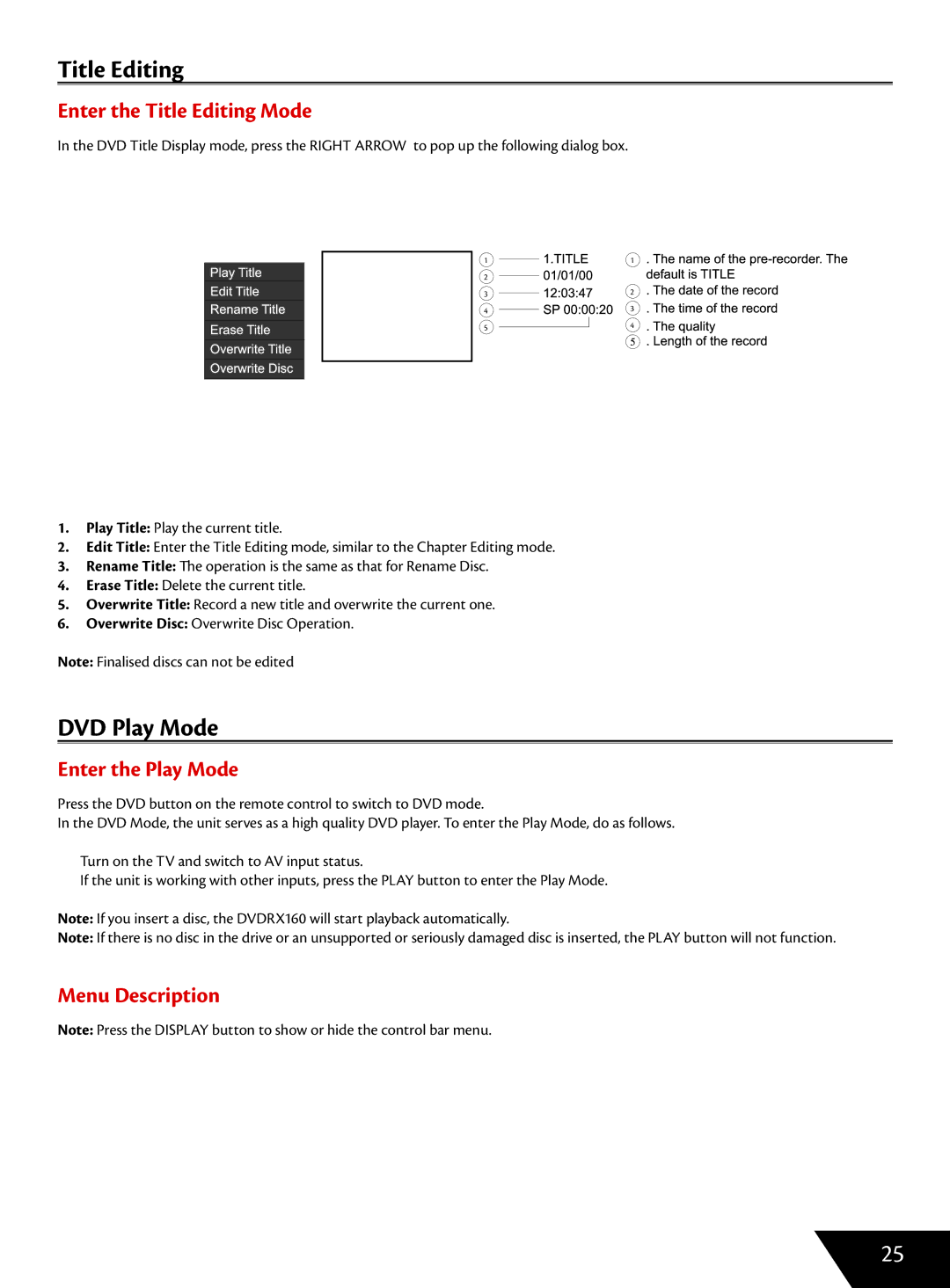 Wintal DVDRX160 manual DVD Play Mode, Enter the Title Editing Mode, Enter the Play Mode 