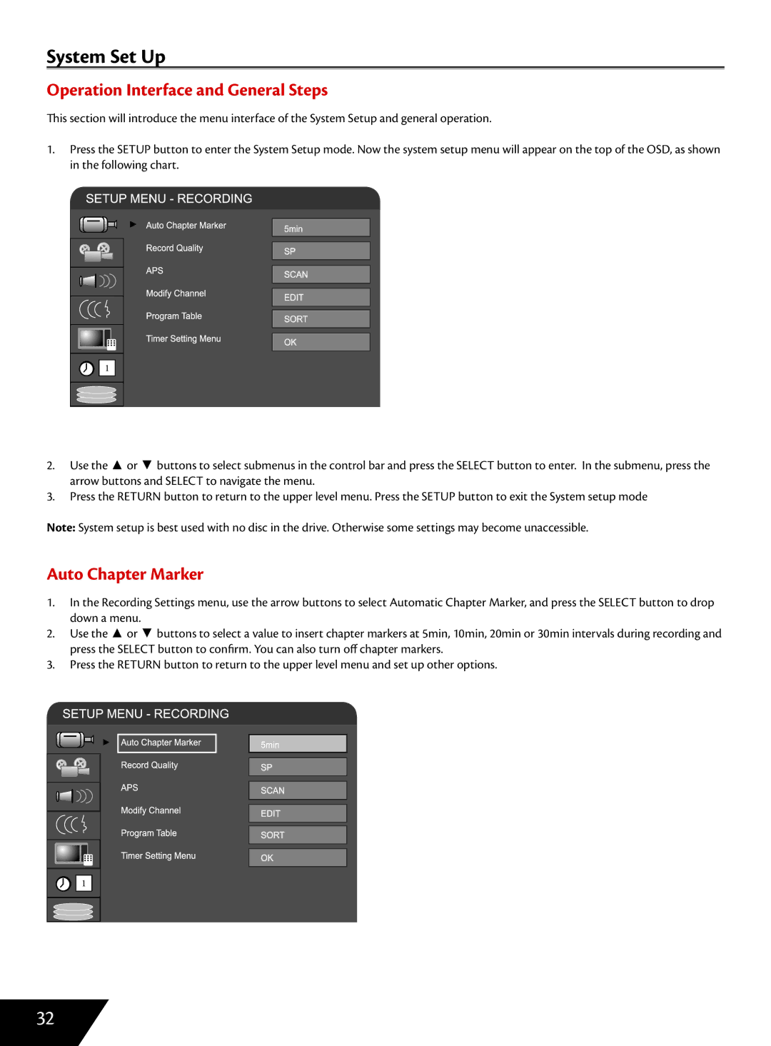 Wintal DVDRX160 manual System Set Up, Operation Interface and General Steps, Auto Chapter Marker 