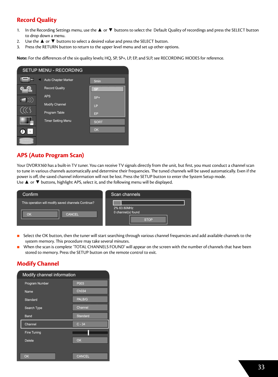 Wintal DVDRX160 manual Record Quality, APS Auto Program Scan, Modify Channel 