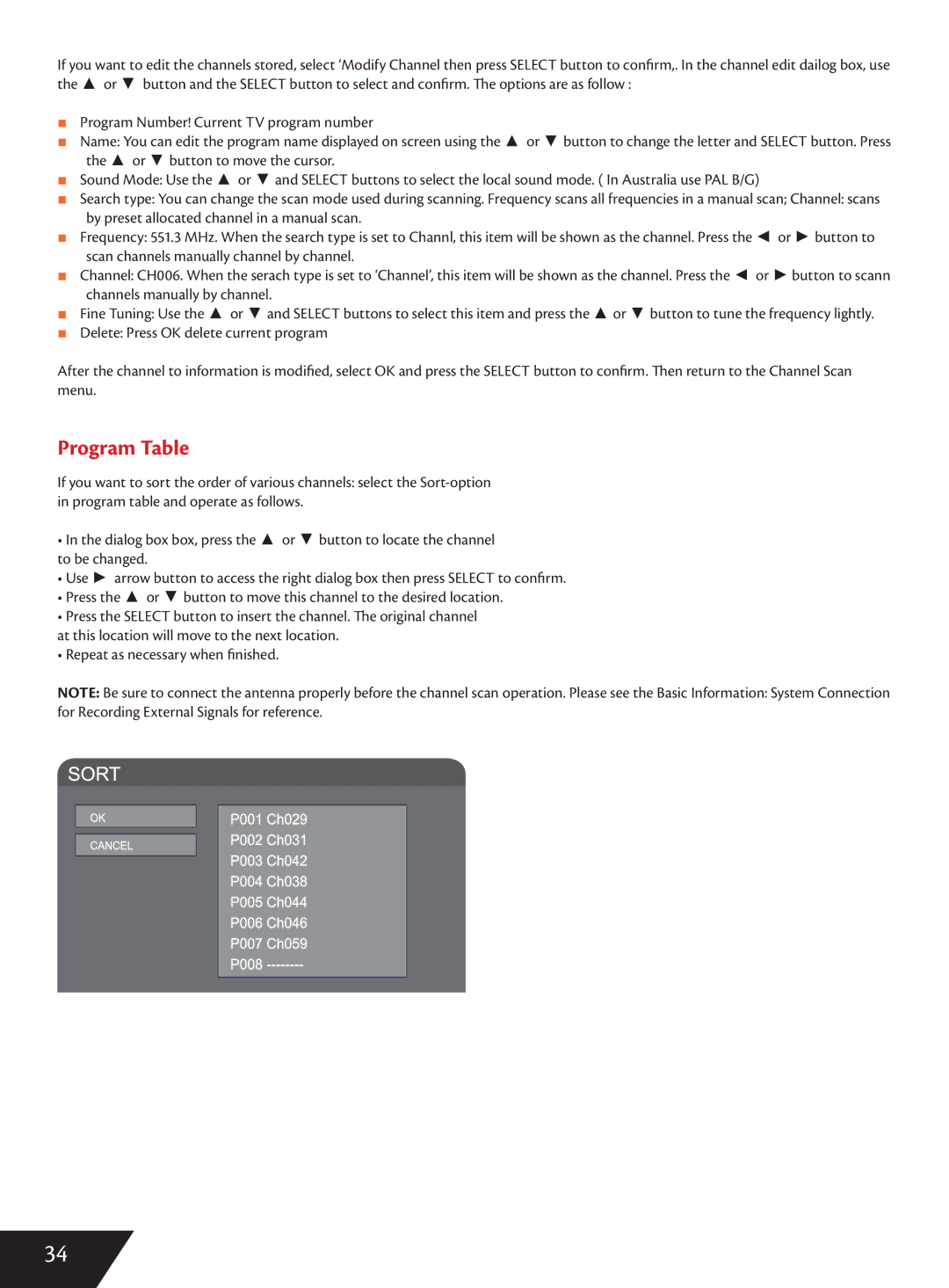 Wintal DVDRX160 manual Program Table 