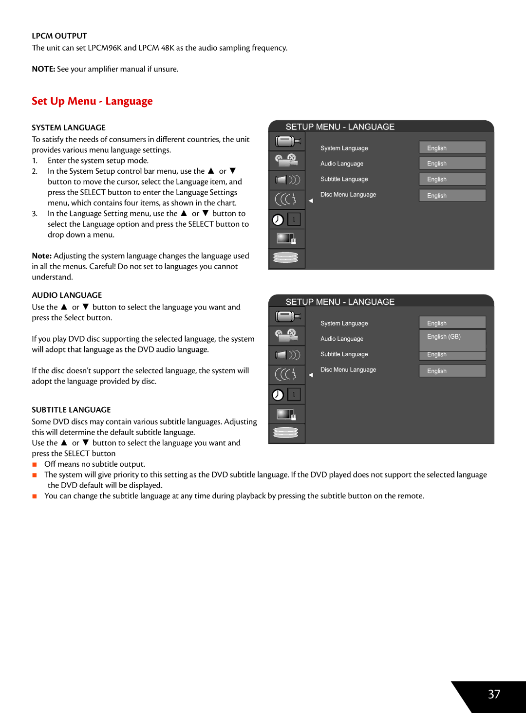 Wintal DVDRX160 manual Set Up Menu Language, Lpcm Output, System Language, Audio Language, Subtitle Language 