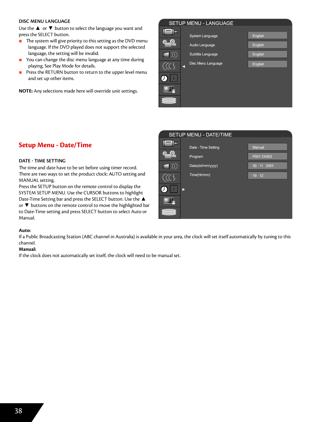 Wintal DVDRX160 manual Setup Menu Date/Time, Disc Menu Language, Date  Time Setting, Auto, Manual 