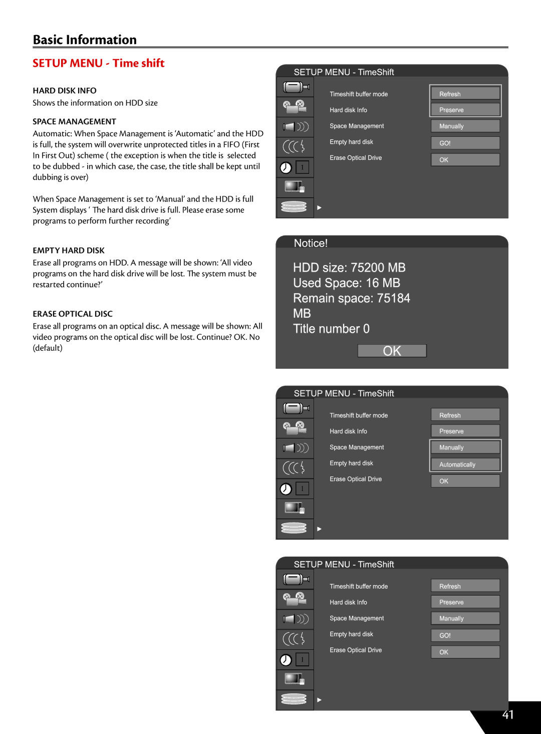 Wintal DVDRX160 manual Setup Menu Time shift, Hard Disk Info, Space Management, Empty Hard Disk, Erase Optical Disc 