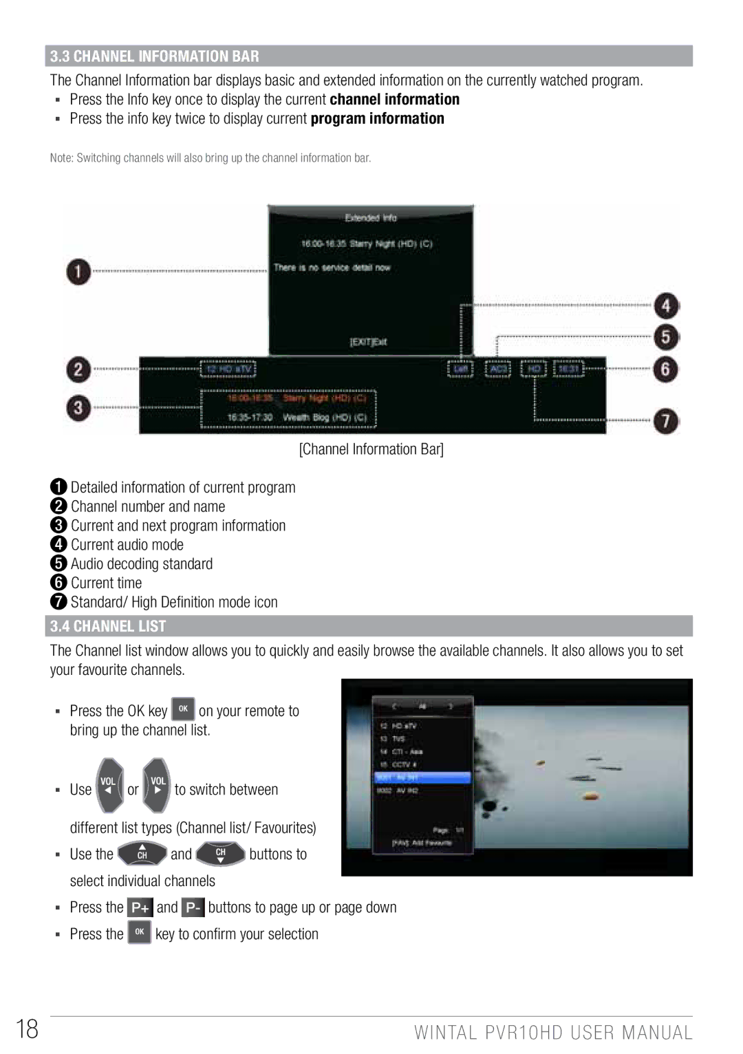 Wintal PVR10 manual Channel Information Bar, Channel List, Key to confirm your selection 