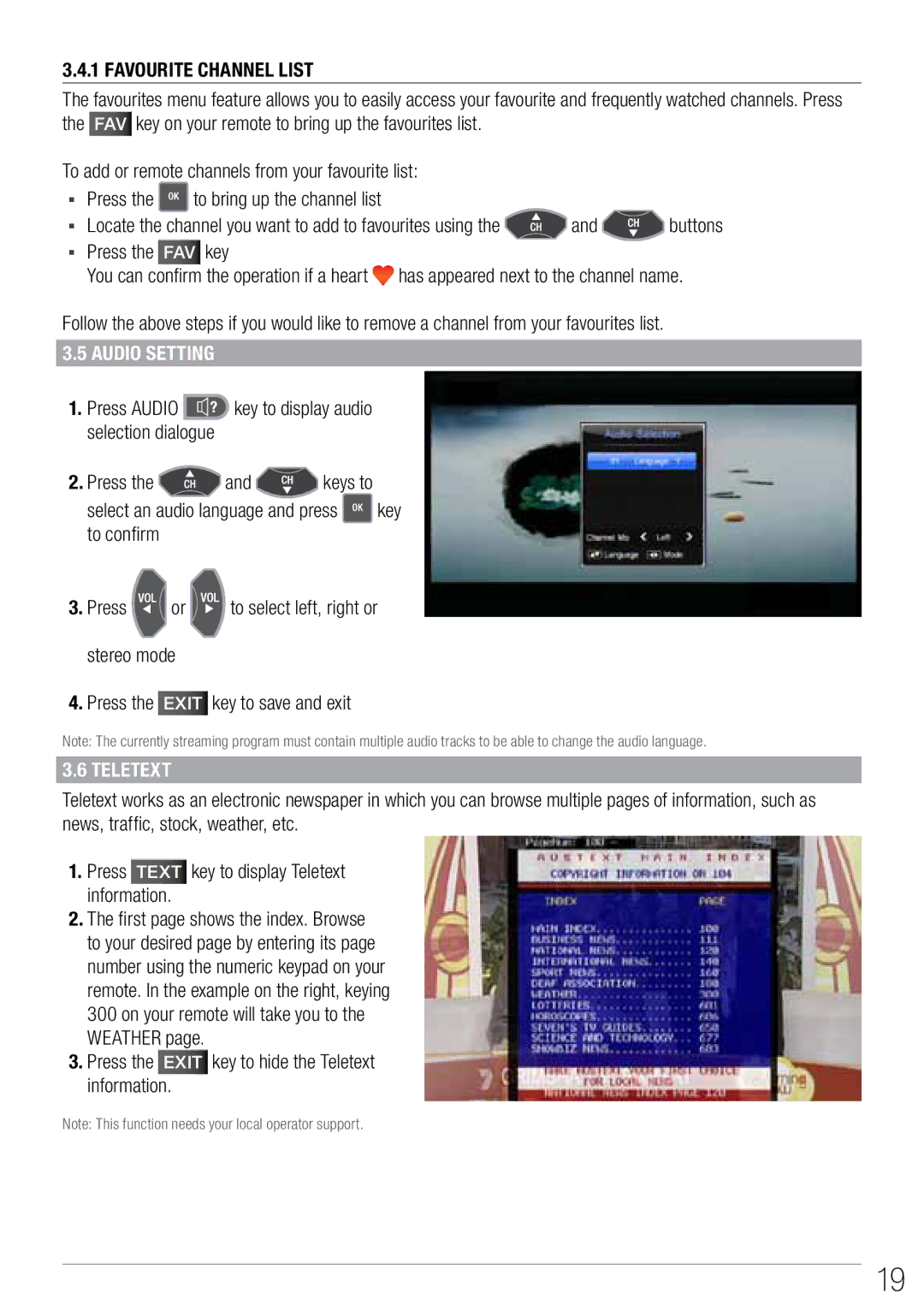 Wintal PVR10 manual Audio Setting, Press the Exit key to hide the Teletext information 