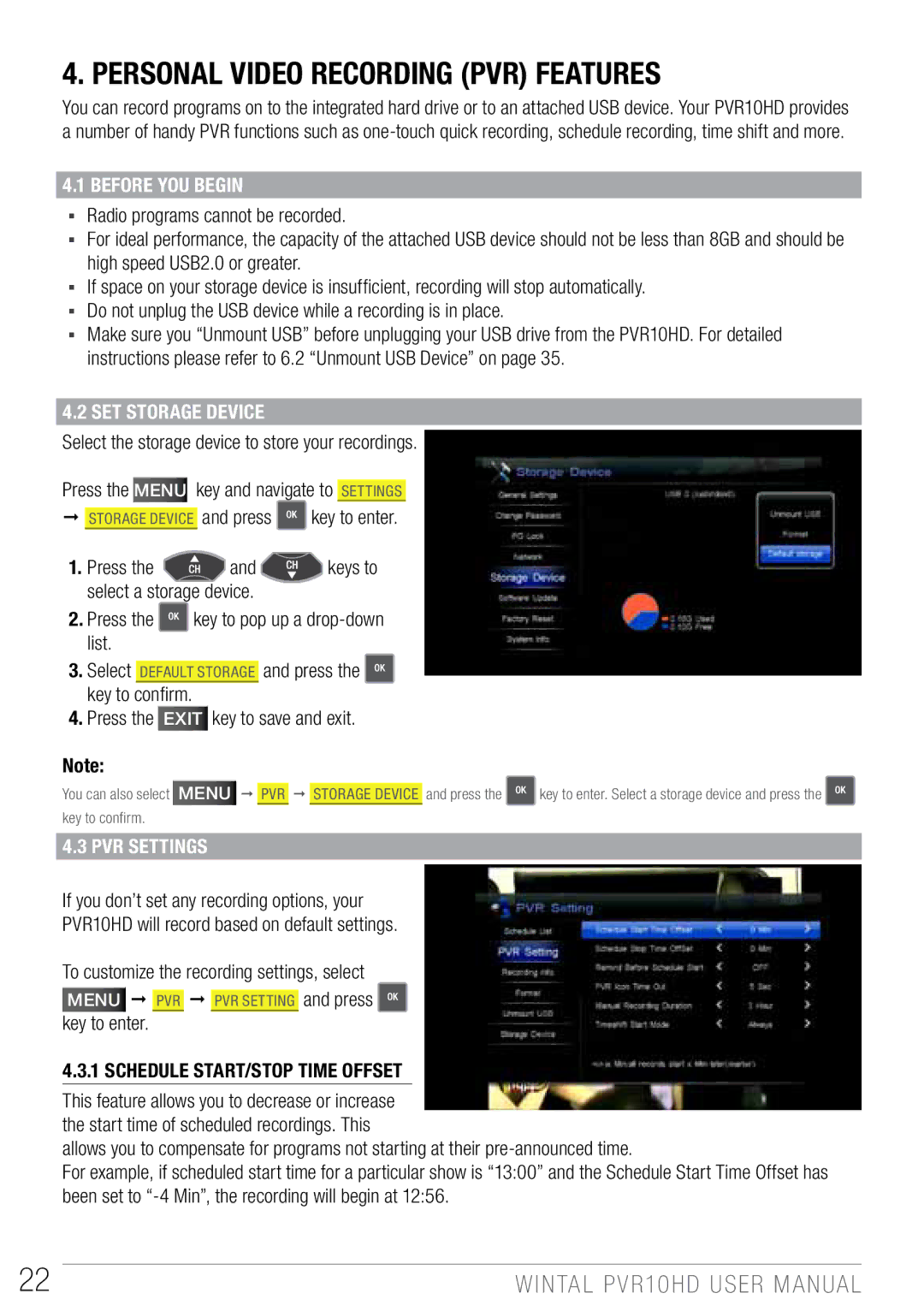 Wintal PVR10 manual Before you begin, Set Storage Device, PVR Settings, Schedule Start/Stop Time Offset 