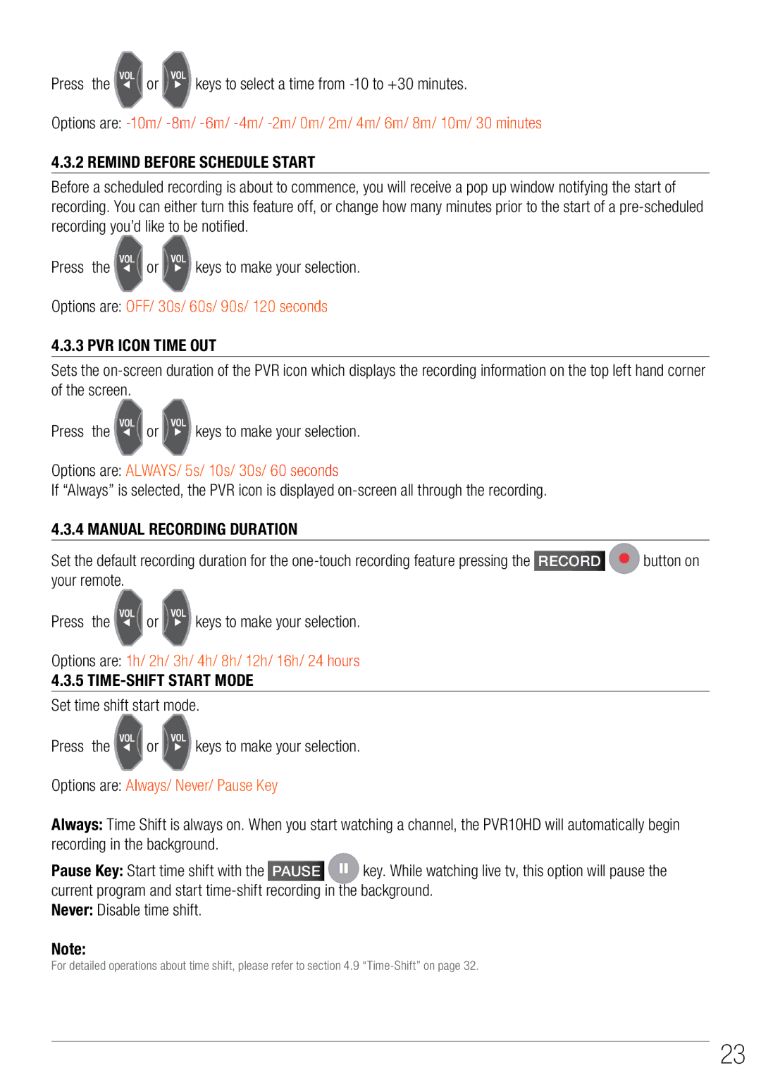 Wintal PVR10 manual Press, Remind Before Schedule Start, Manual Recording Duration 