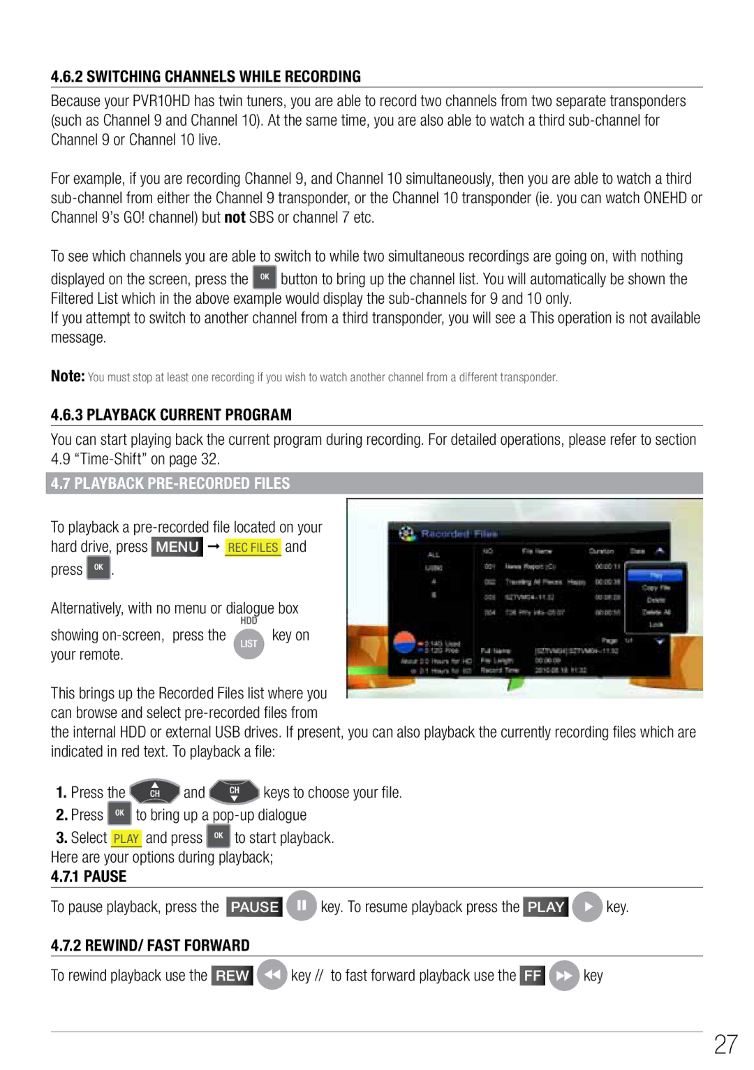 Wintal PVR10 manual Playback Pre-Recorded Files 