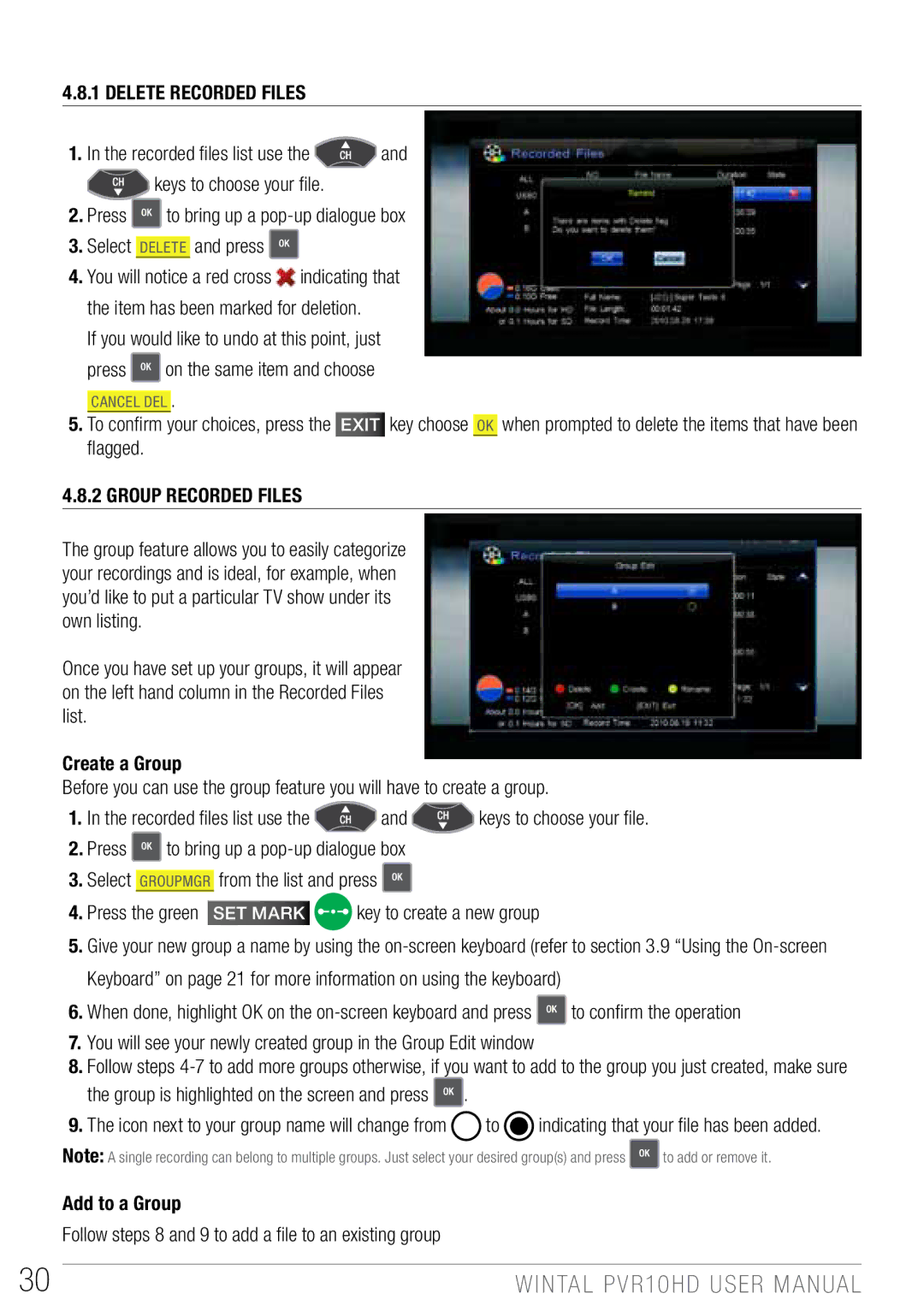 Wintal PVR10 manual Delete Recorded Files, Group is highlighted on the screen and press 