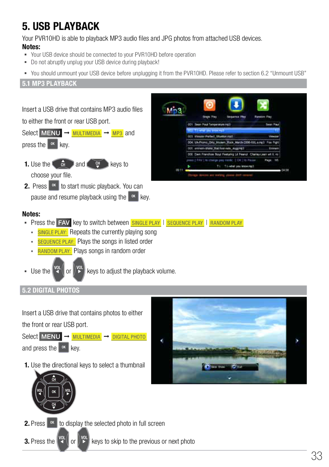 Wintal PVR10 manual MP3 Playback, Digital Photos 