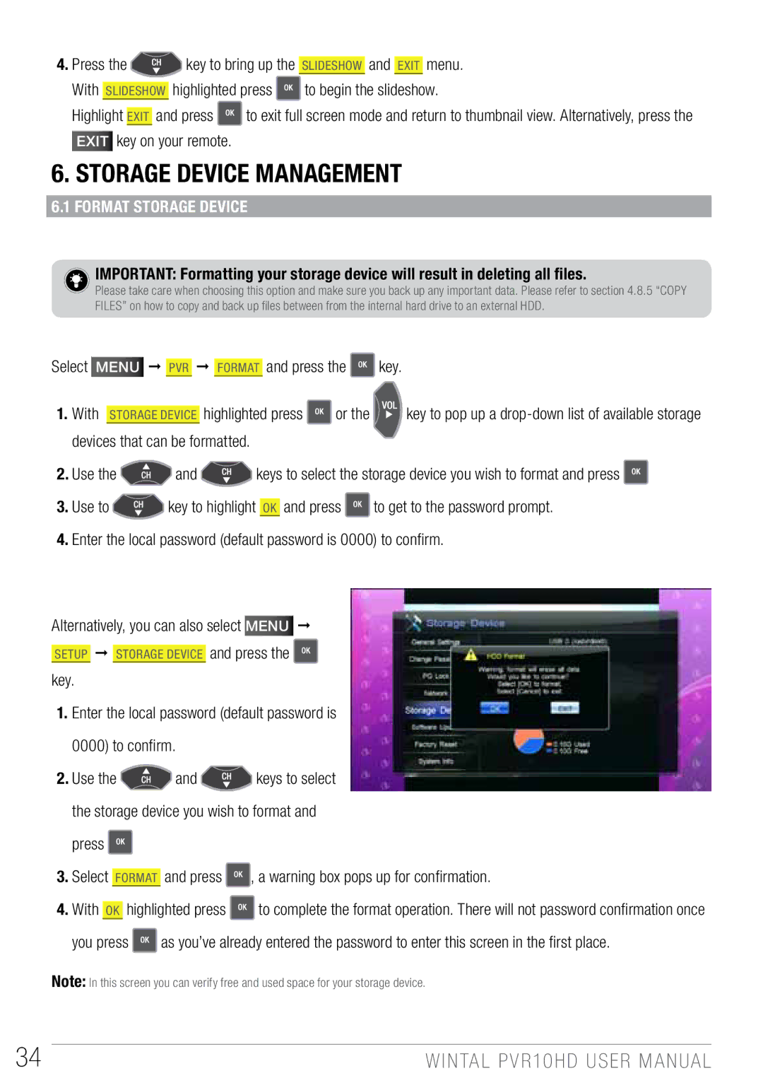 Wintal PVR10 manual Storage Device Management, Format storage device, With Storage Device highlighted press 