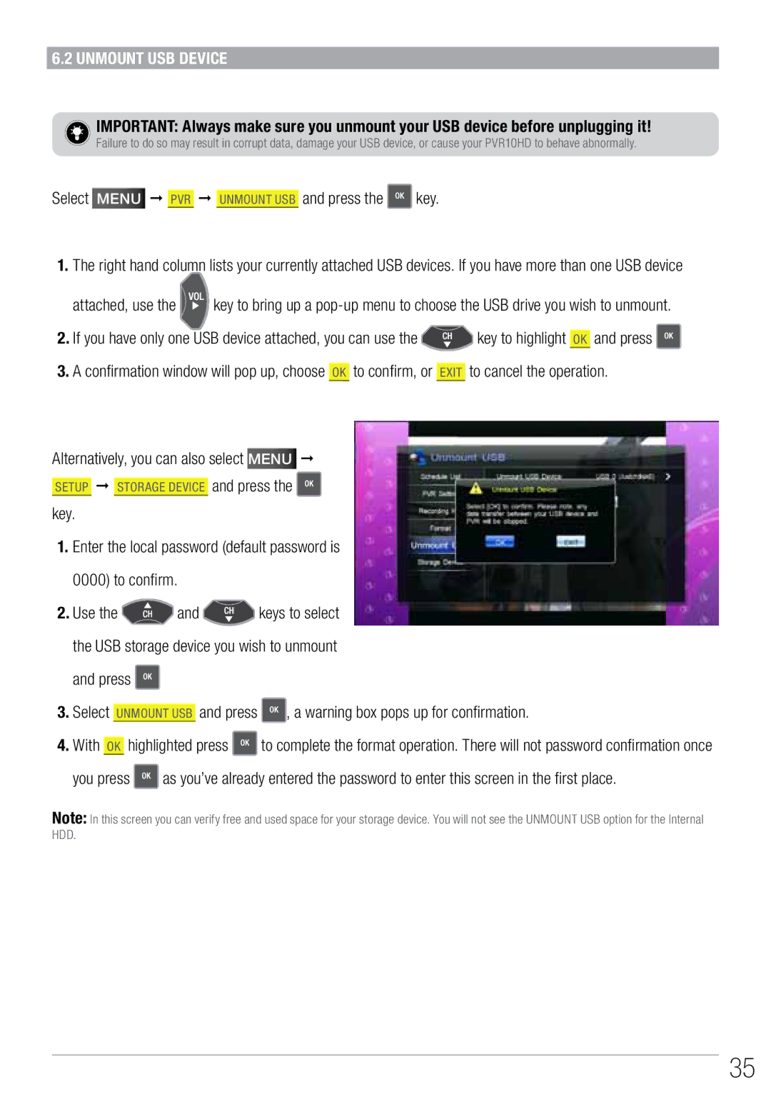 Wintal PVR10 manual Unmount USB Device, Select Menu  PVR  Unmount USB and press the key 