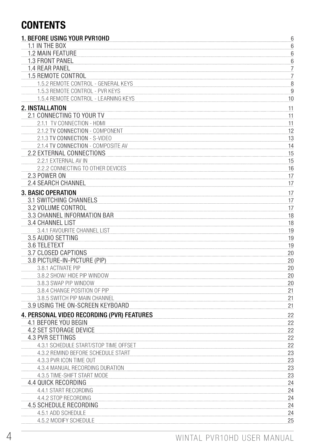 Wintal PVR10 manual Contents 