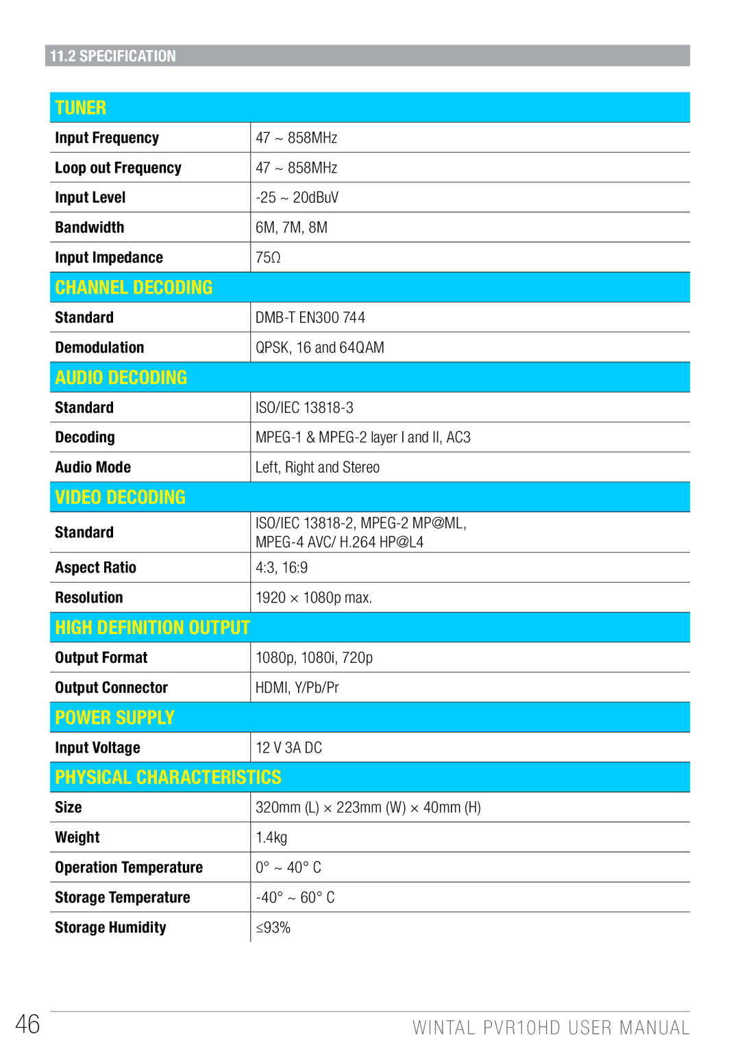 Wintal PVR10 manual Specification, Standard DMB-T EN300 Demodulation QPSK, 16 and 64QAM, Input Voltage 12 V 3A DC 