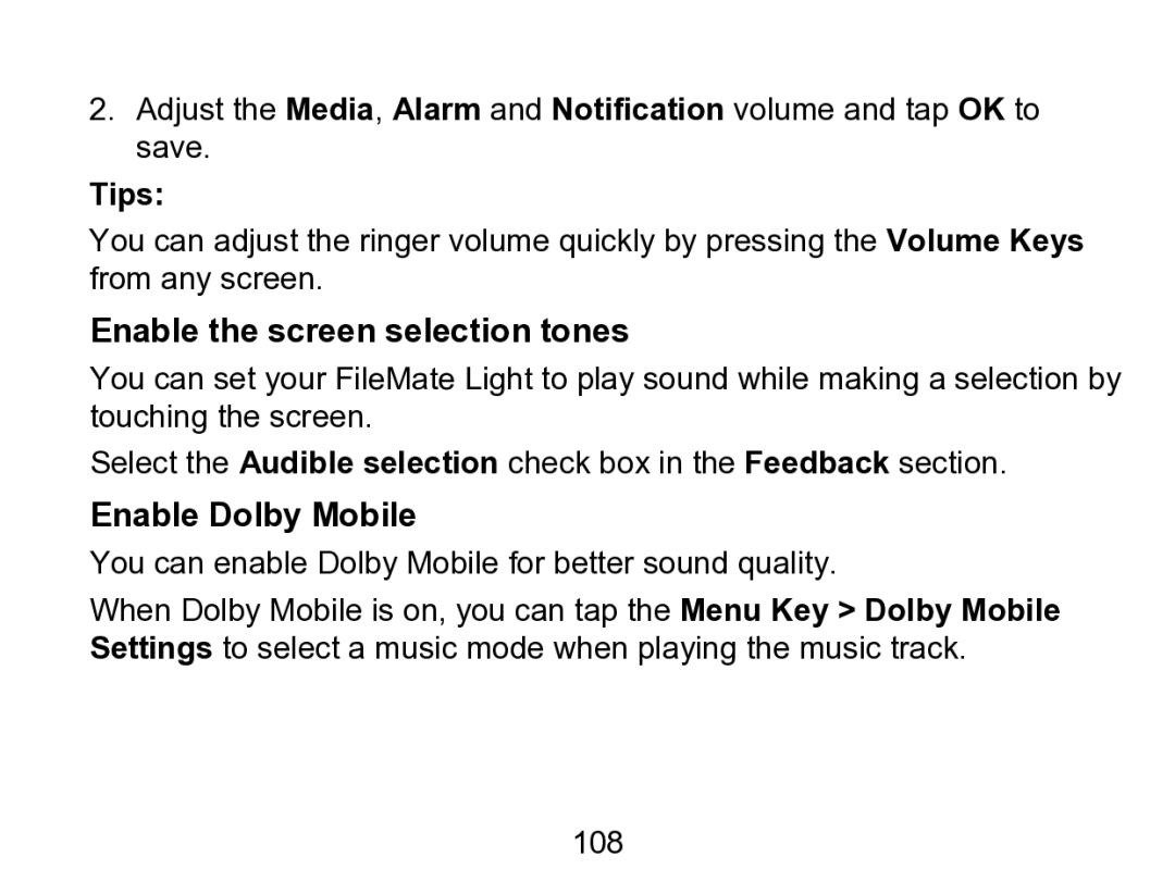 Wintec Industries 3FMT700A2-8G-R user manual Enable the screen selection tones, Enable Dolby Mobile 