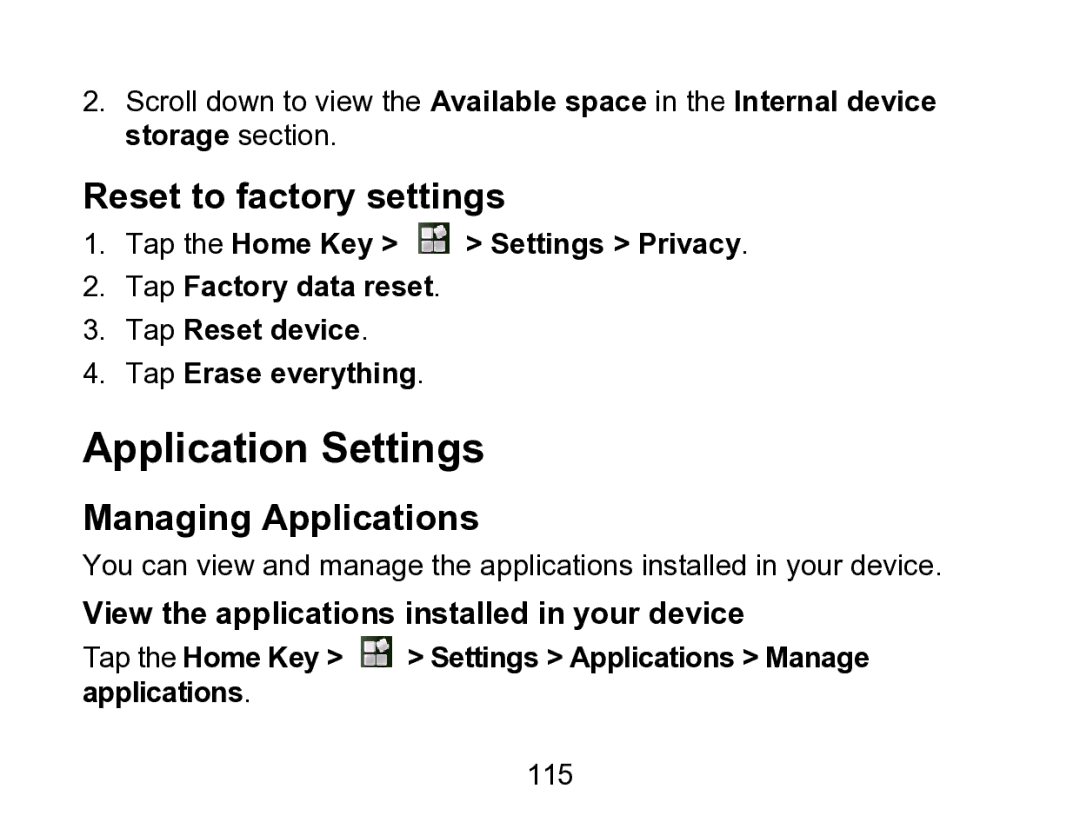 Wintec Industries 3FMT700A2-8G-R user manual Application Settings, Reset to factory settings, Managing Applications 