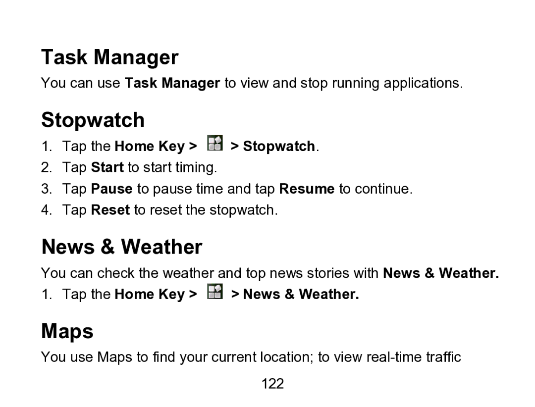 Wintec Industries 3FMT700A2-8G-R user manual Task Manager, Stopwatch, News & Weather, Maps 