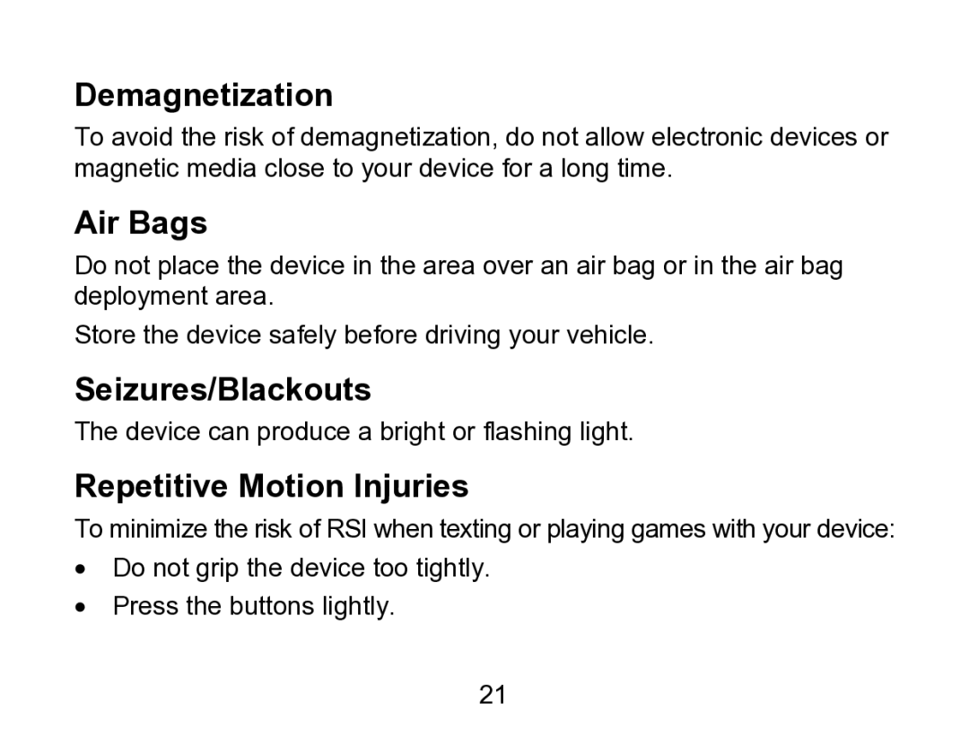 Wintec Industries 3FMT700A2-8G-R user manual Demagnetization, Air Bags, Seizures/Blackouts, Repetitive Motion Injuries 