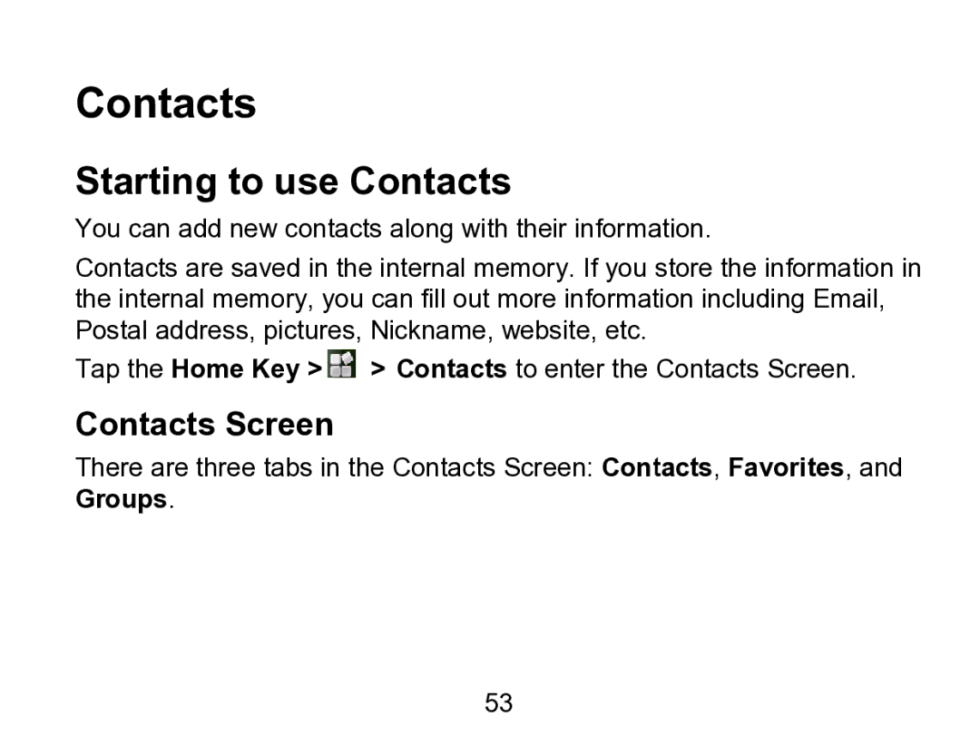 Wintec Industries 3FMT700A2-8G-R user manual Starting to use Contacts, Contacts Screen 