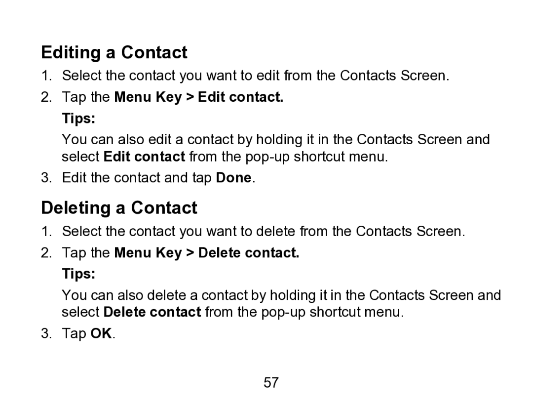 Wintec Industries 3FMT700A2-8G-R user manual Editing a Contact, Deleting a Contact, Tap the Menu Key Edit contact Tips 