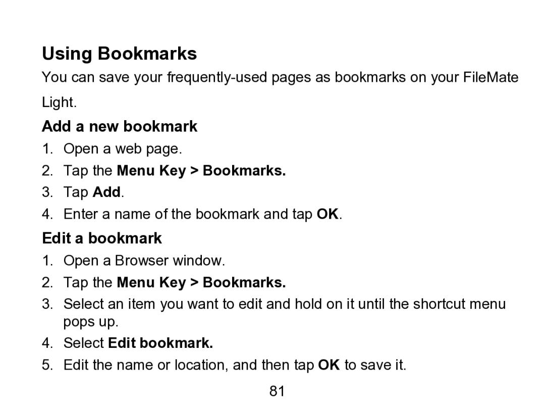 Wintec Industries 3FMT700A2-8G-R Using Bookmarks, Add a new bookmark, Tap the Menu Key Bookmarks, Edit a bookmark 