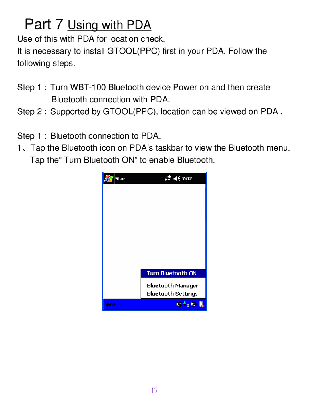 Wintec Industries WBT-200 manual Part 7 Using with PDA 