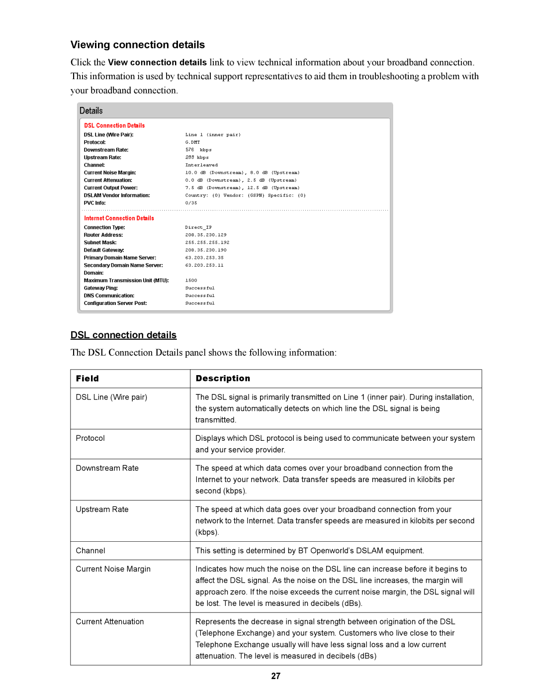 Wire World Of America 1800 manual Viewing connection details, DSL connection details 