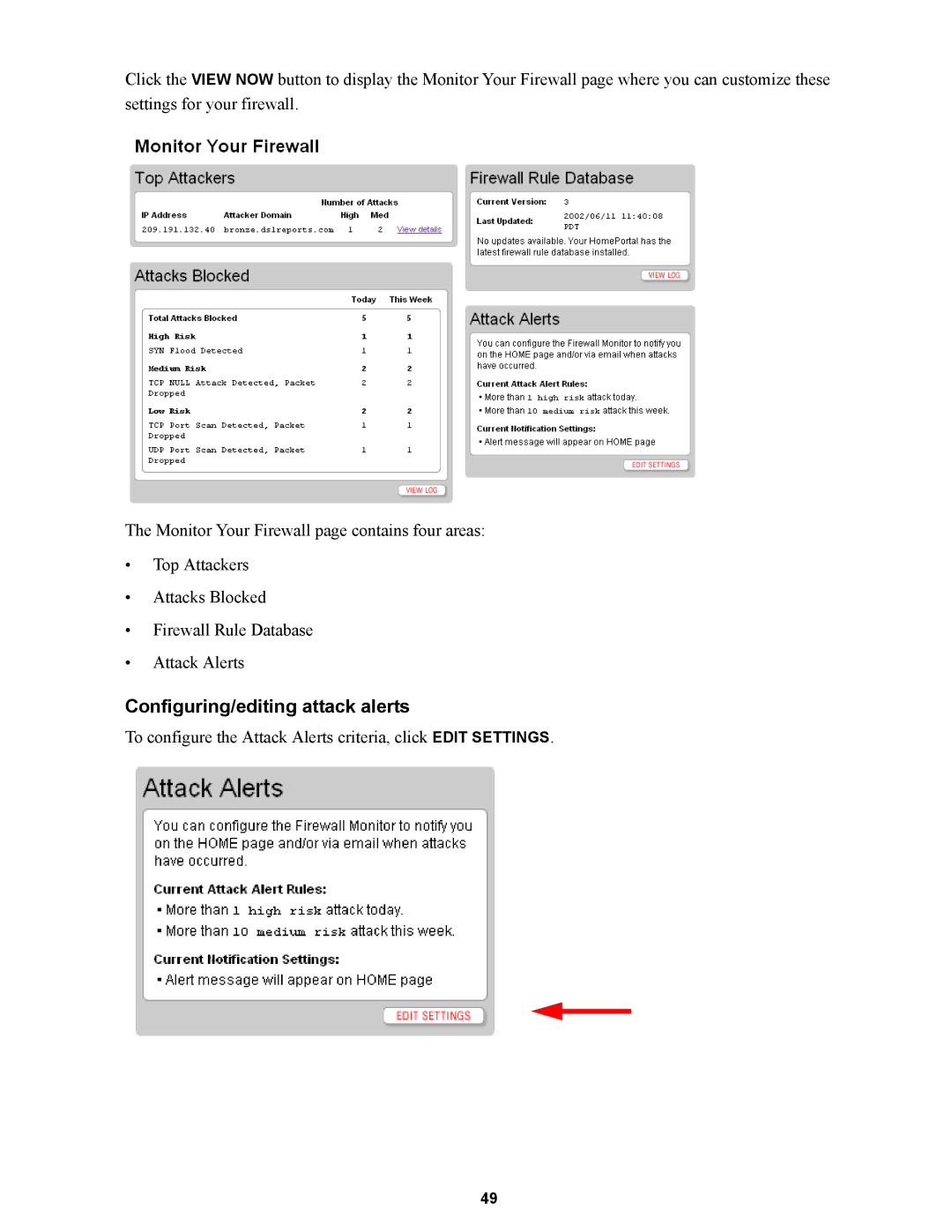 Wire World Of America 1800 manual Configuring/editing attack alerts 